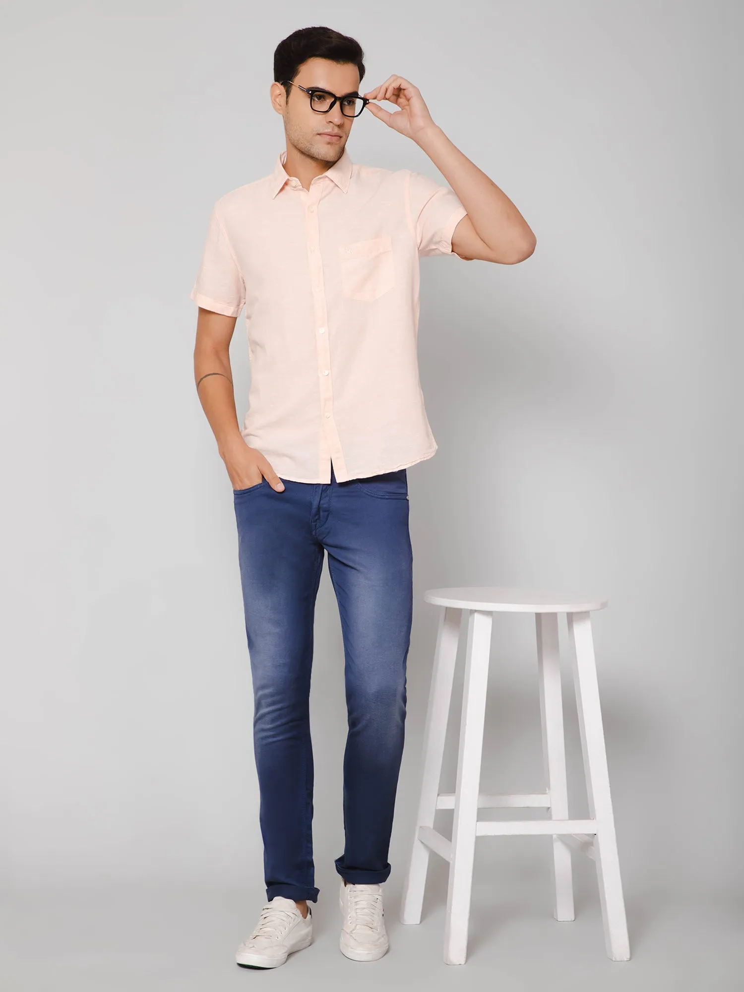 Men's Light Peach Casual Plain Half Sleeve Shirt