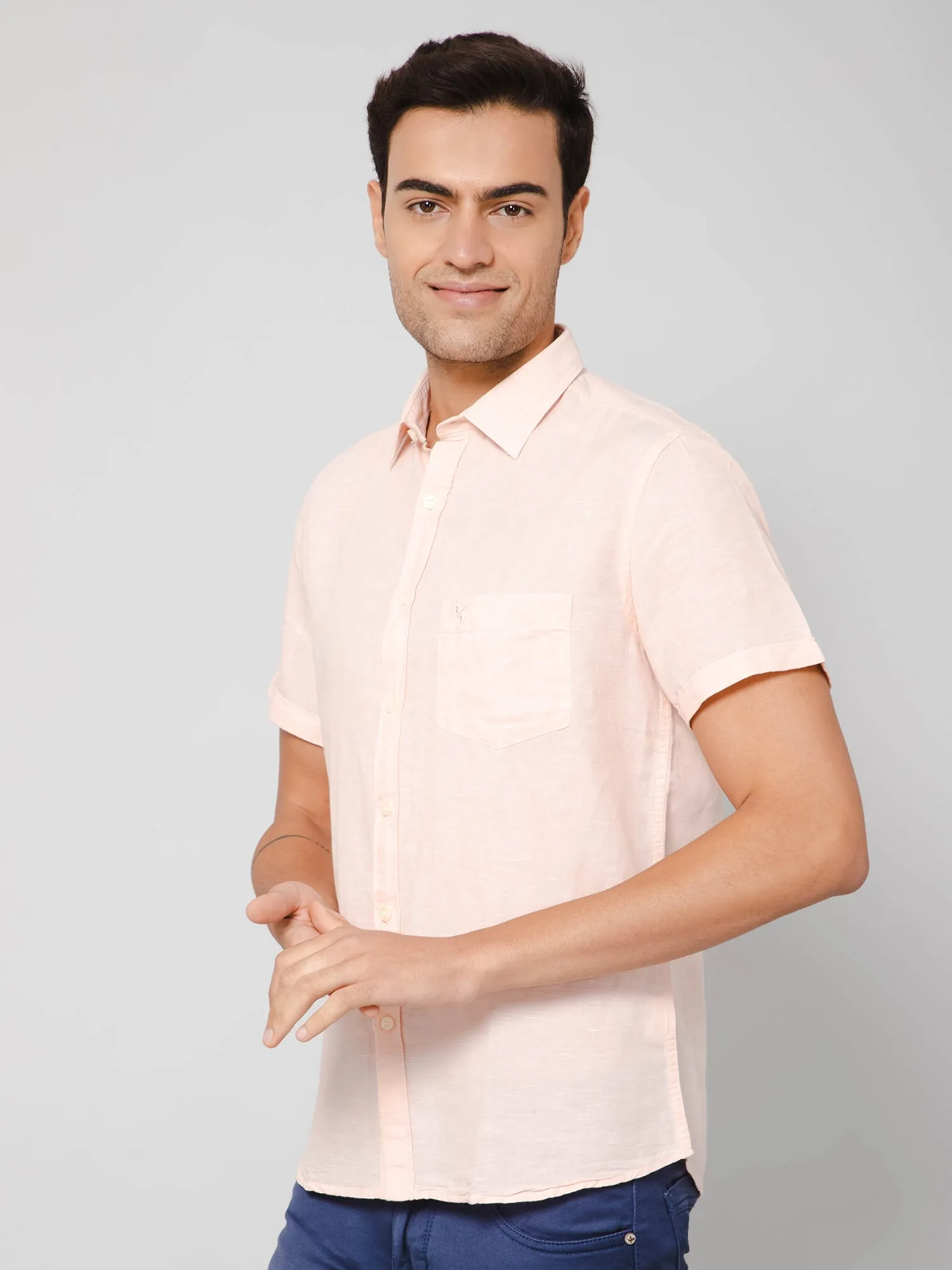 Men's Light Peach Casual Plain Half Sleeve Shirt