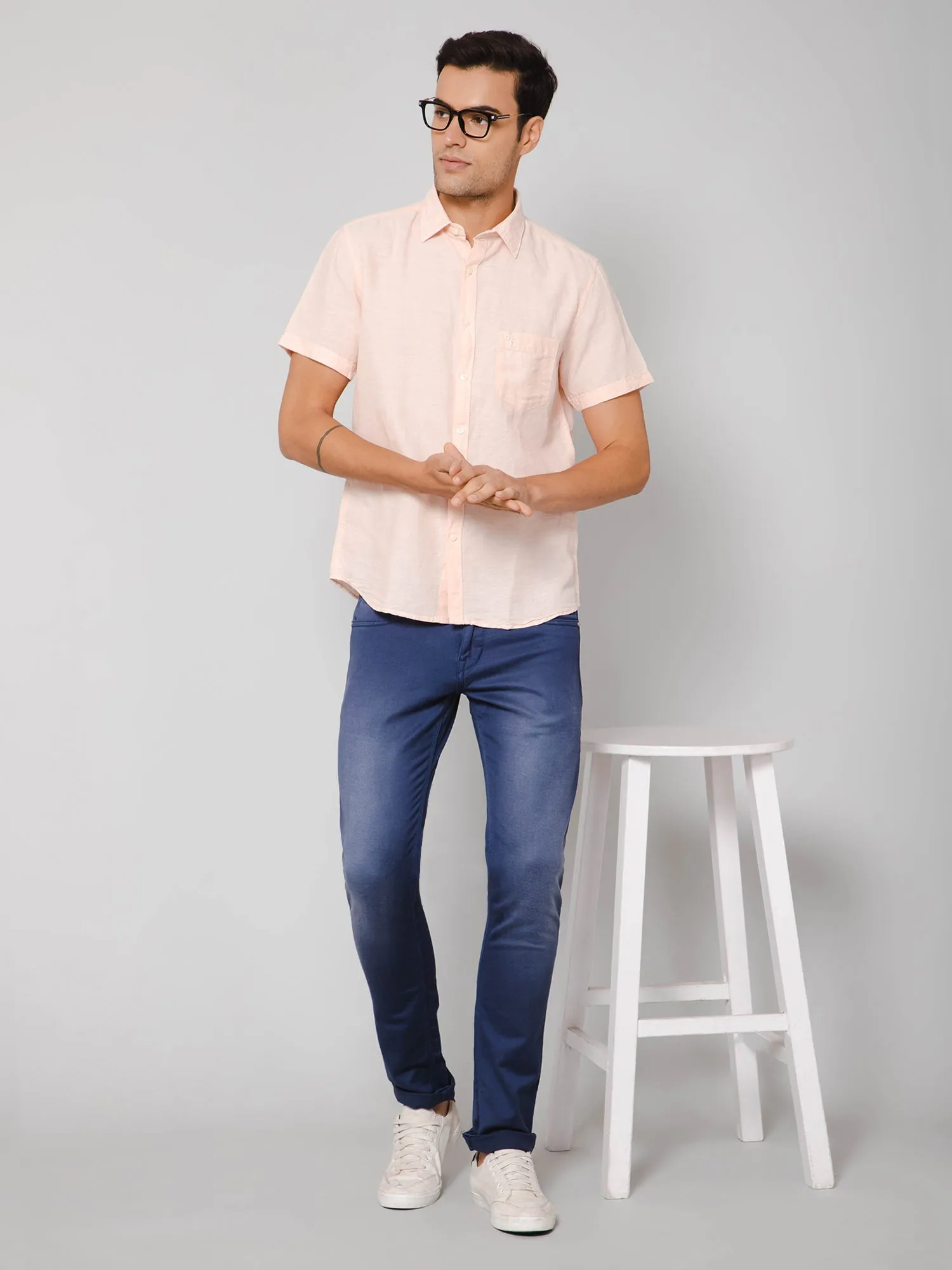 Men's Light Peach Casual Plain Half Sleeve Shirt