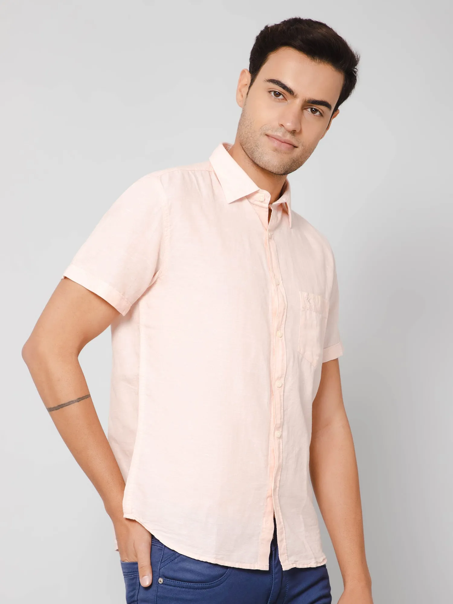 Men's Light Peach Casual Plain Half Sleeve Shirt