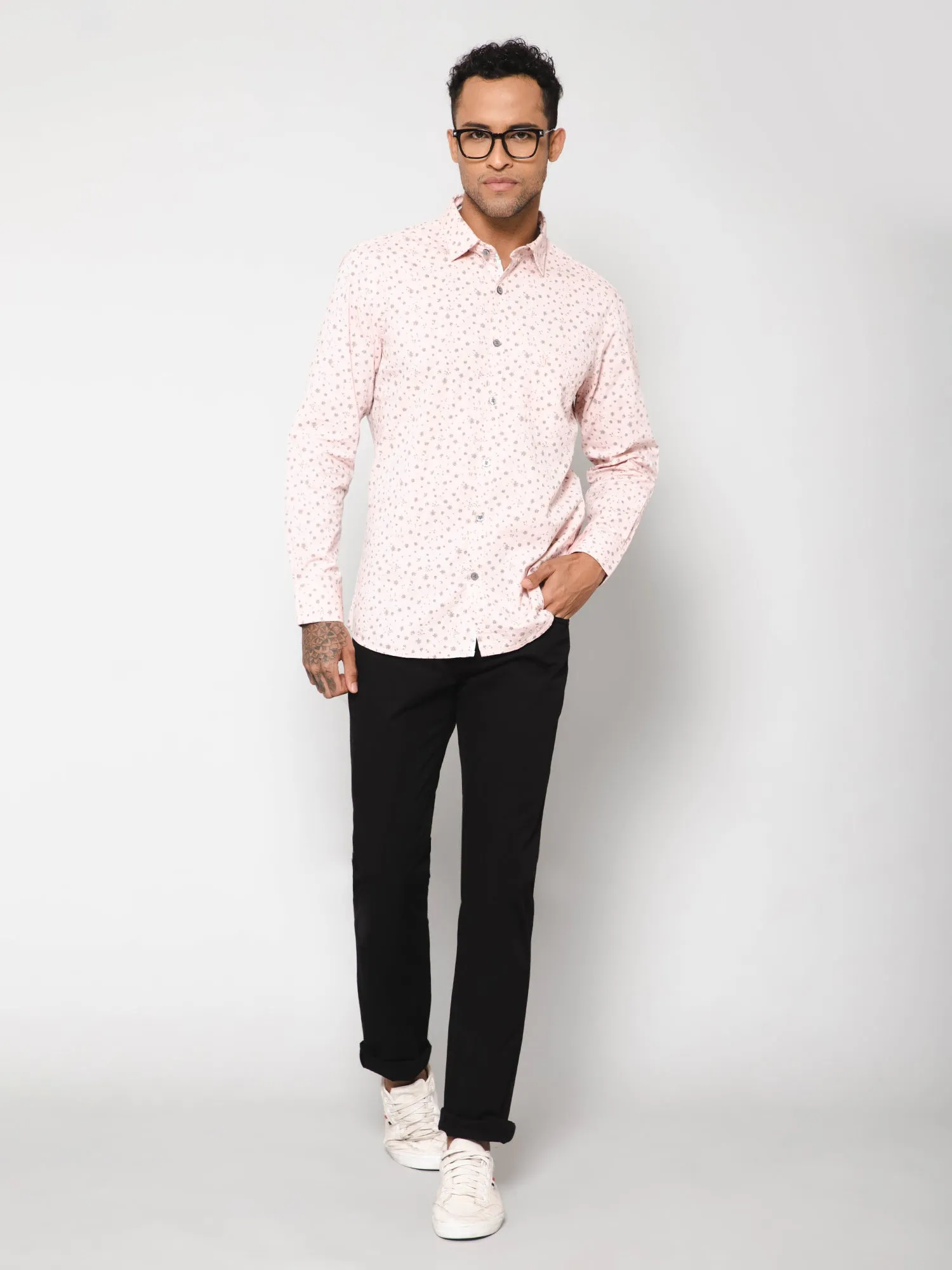 Men's Light Pink Casual Floral Print Full Sleeve Shirt