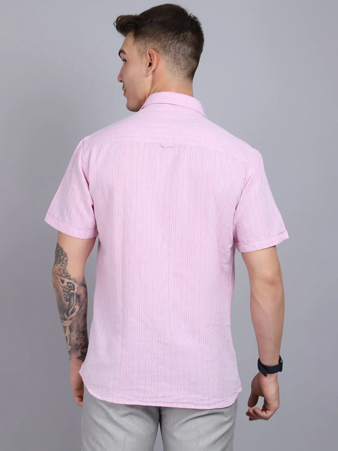 Men's Light Pink Casual Thin Stripe Half Sleeve Shirt