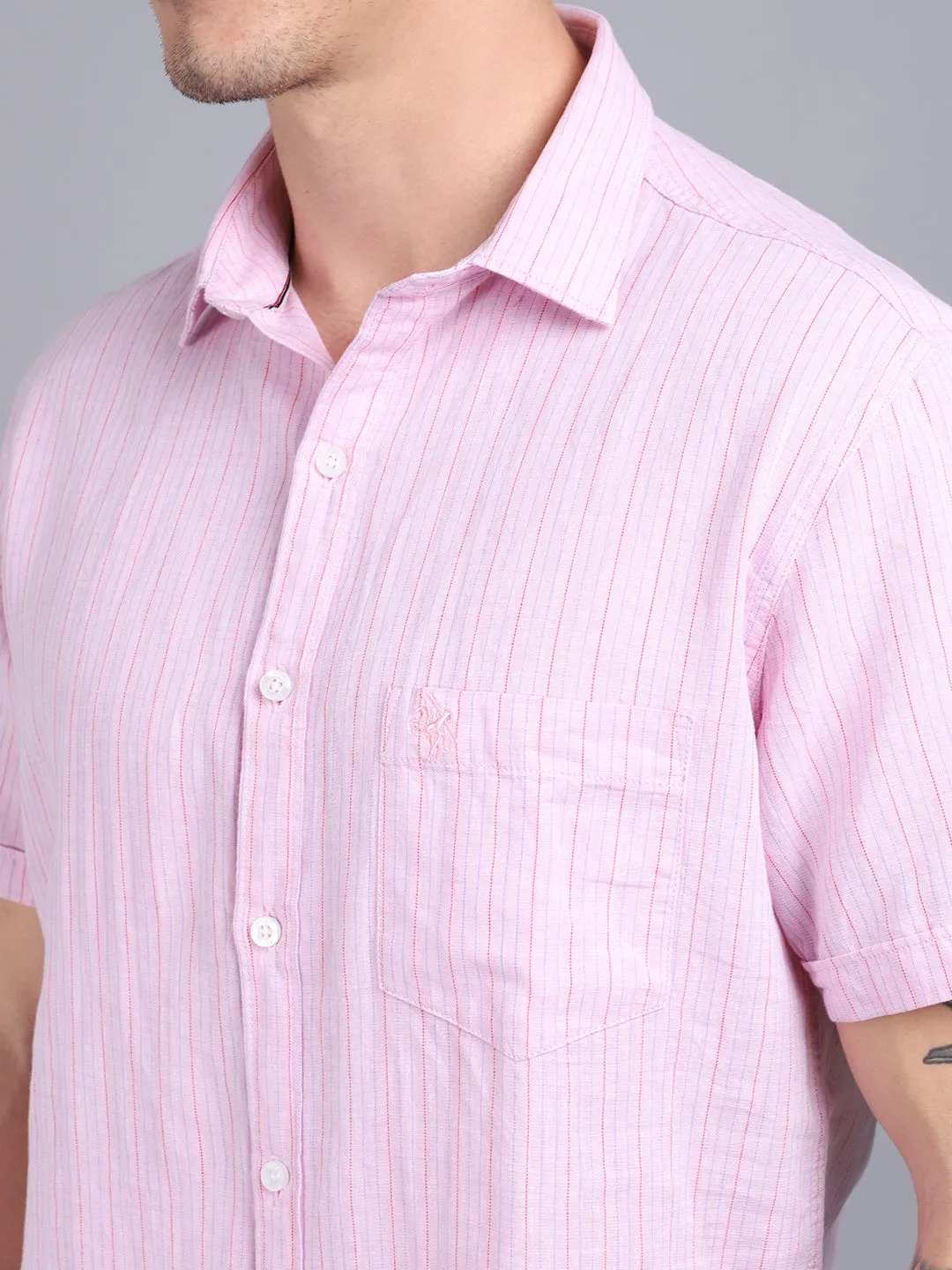 Men's Light Pink Casual Thin Stripe Half Sleeve Shirt