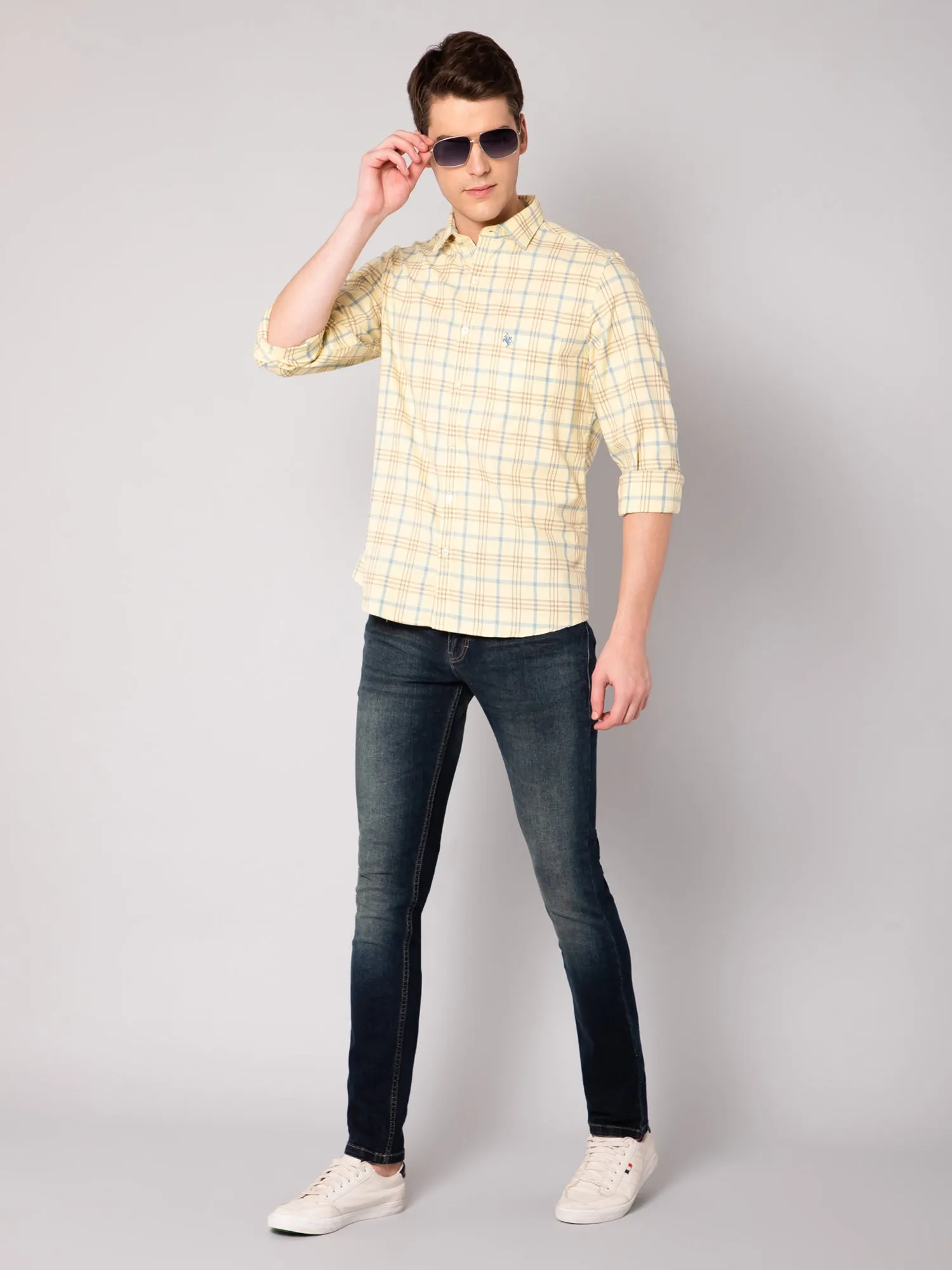 Men's Light Yellow Casual Big Checks Full Sleeve Shirt