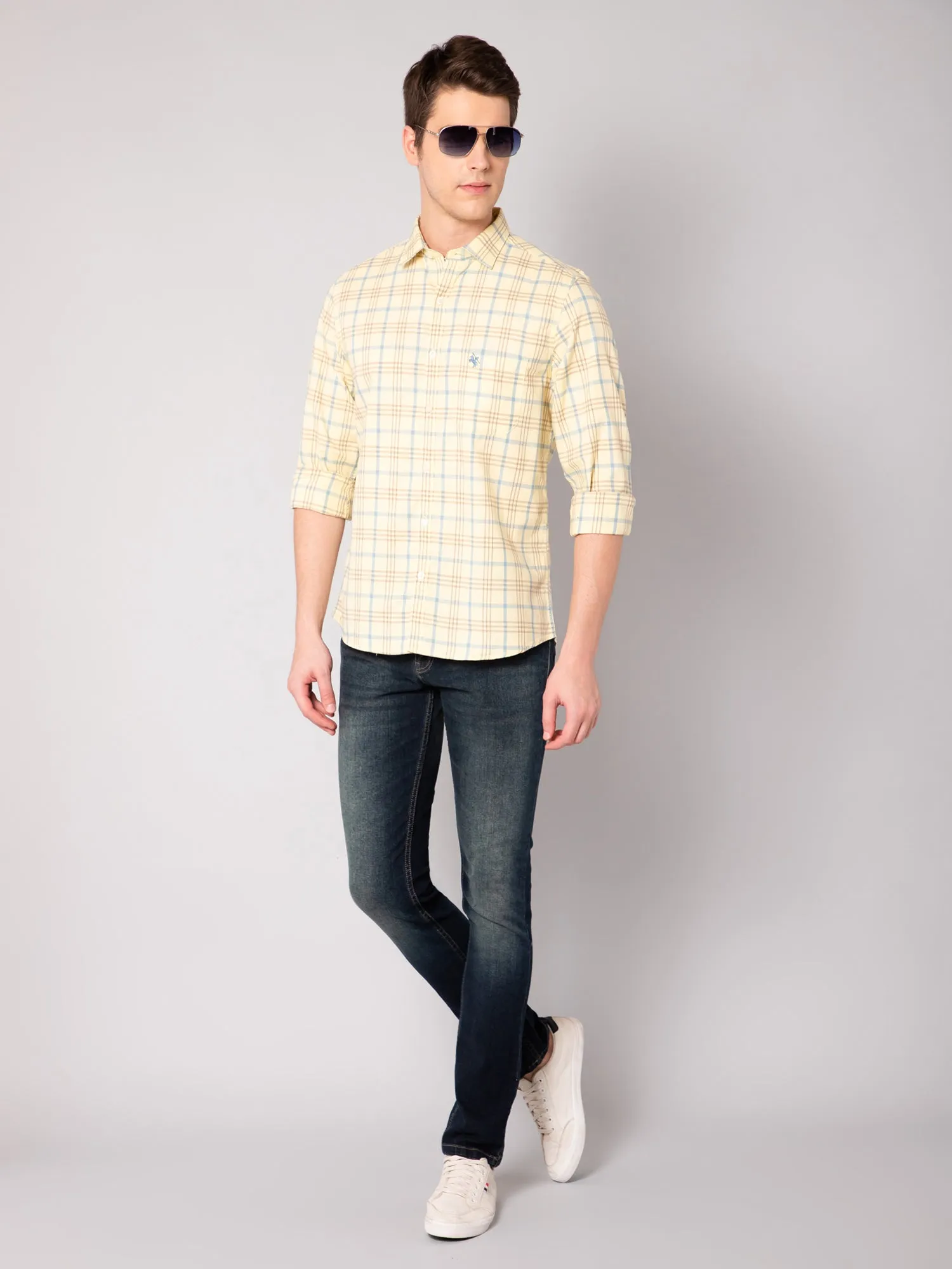 Men's Light Yellow Casual Big Checks Full Sleeve Shirt