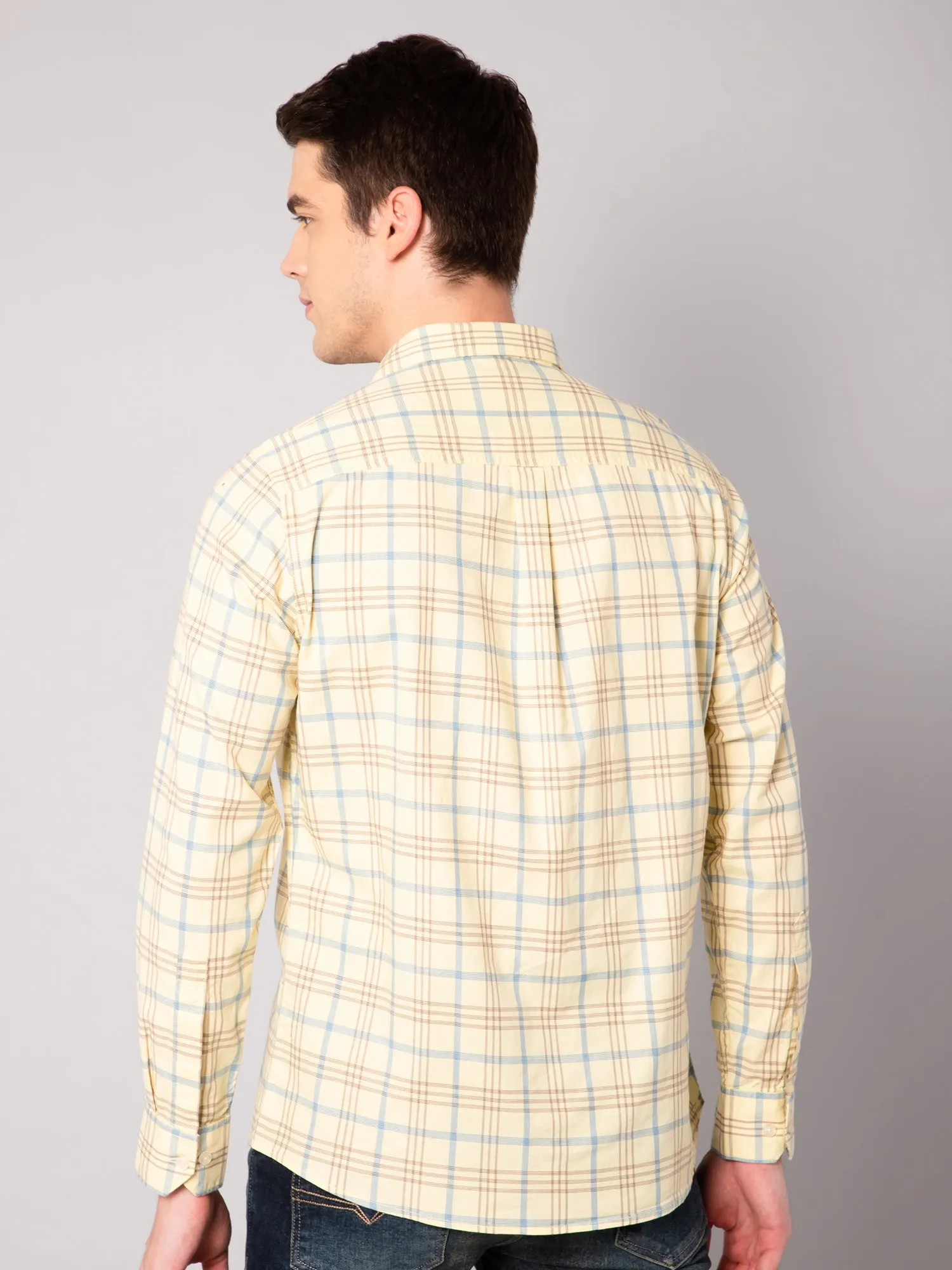 Men's Light Yellow Casual Big Checks Full Sleeve Shirt