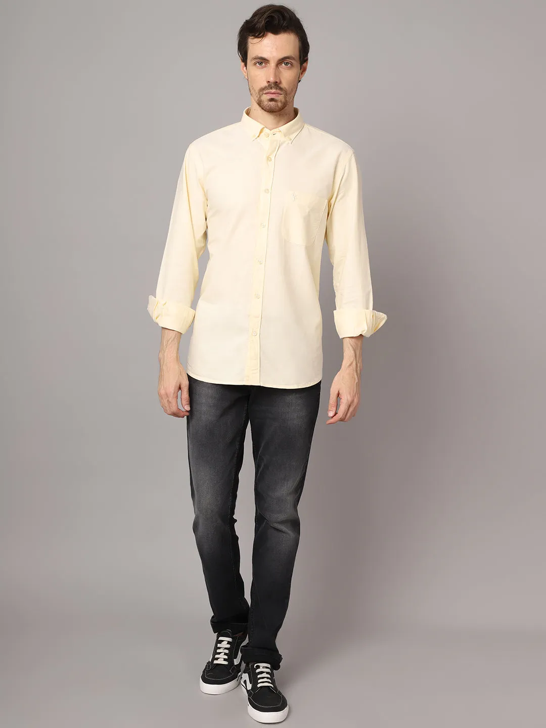 Men's Light Yellow Casual Plain Full Sleeve Shirt