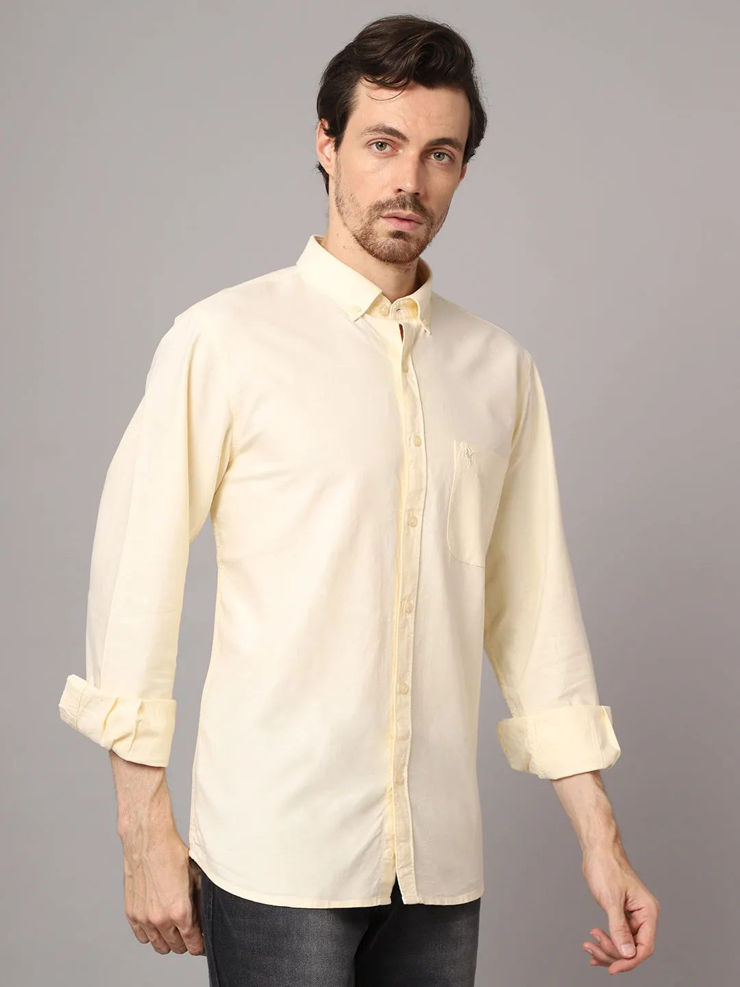 Men's Light Yellow Casual Plain Full Sleeve Shirt