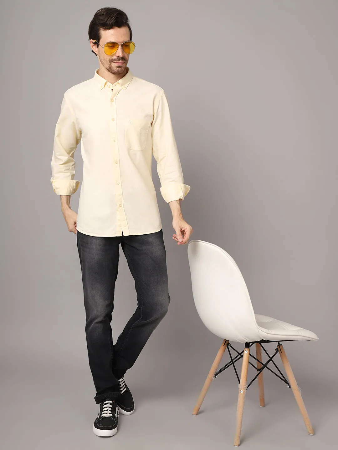 Men's Light Yellow Casual Plain Full Sleeve Shirt