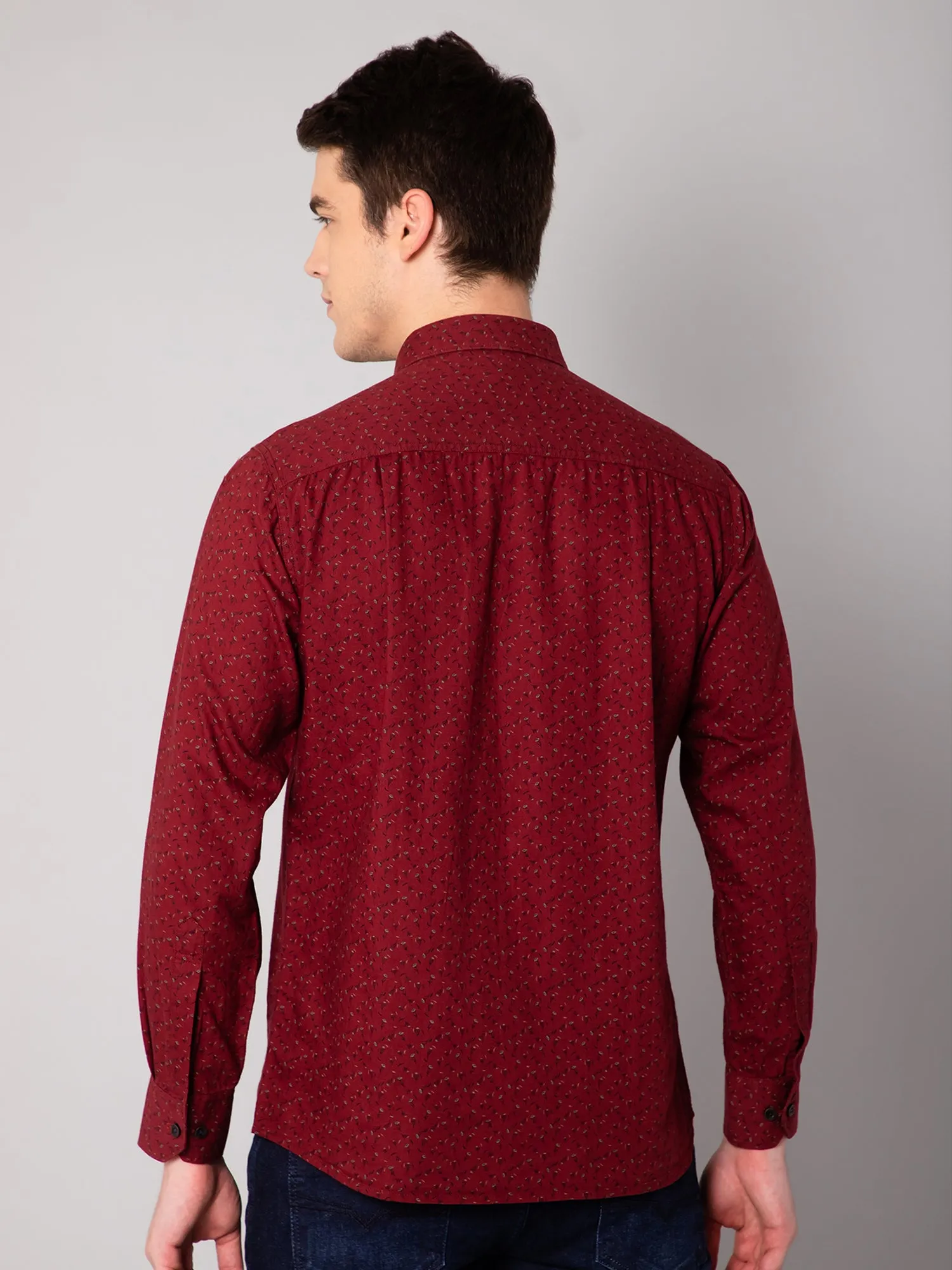 Men's Maroon Casual Floral Print Full Sleeve Shirt