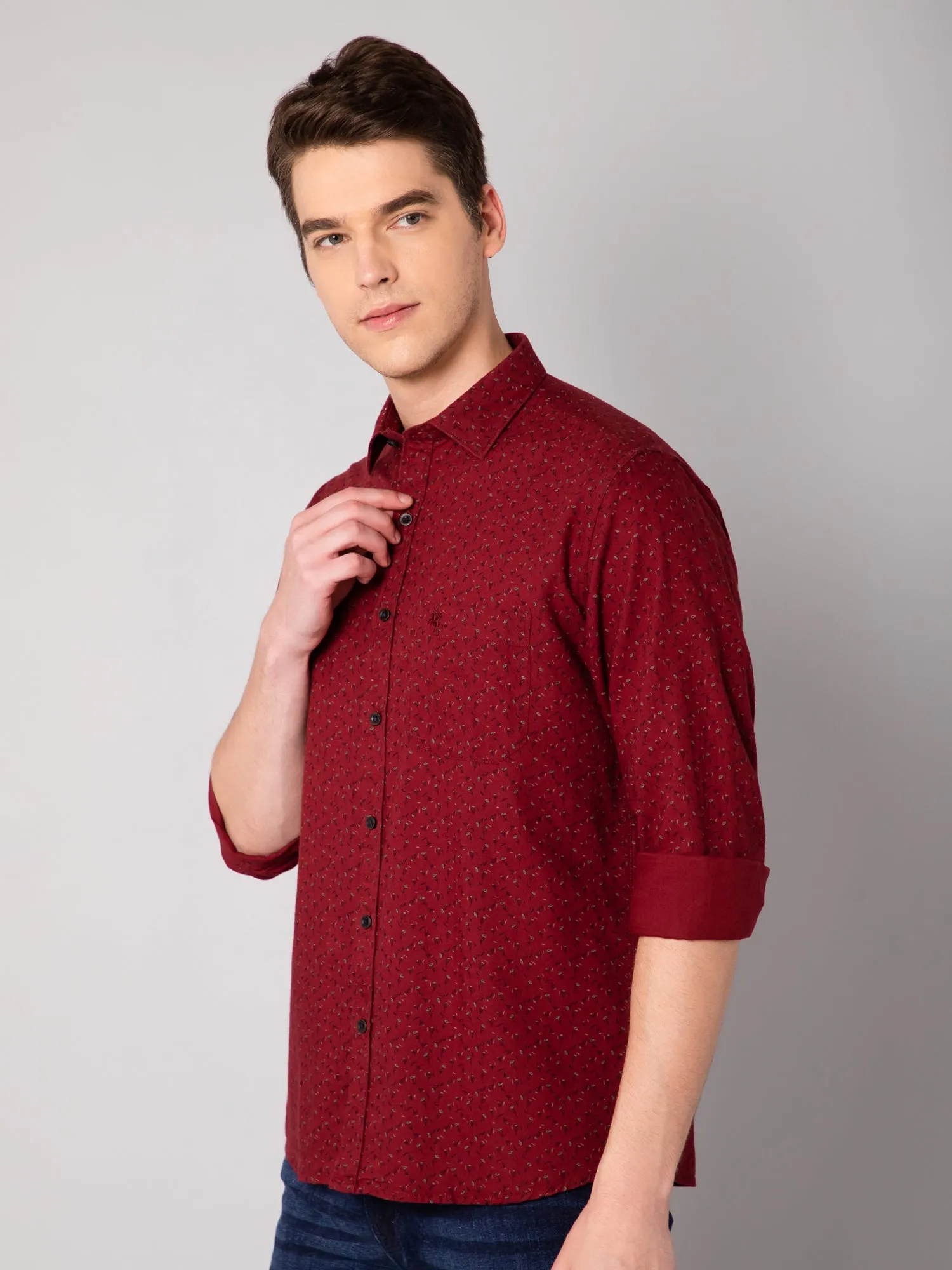 Men's Maroon Casual Floral Print Full Sleeve Shirt