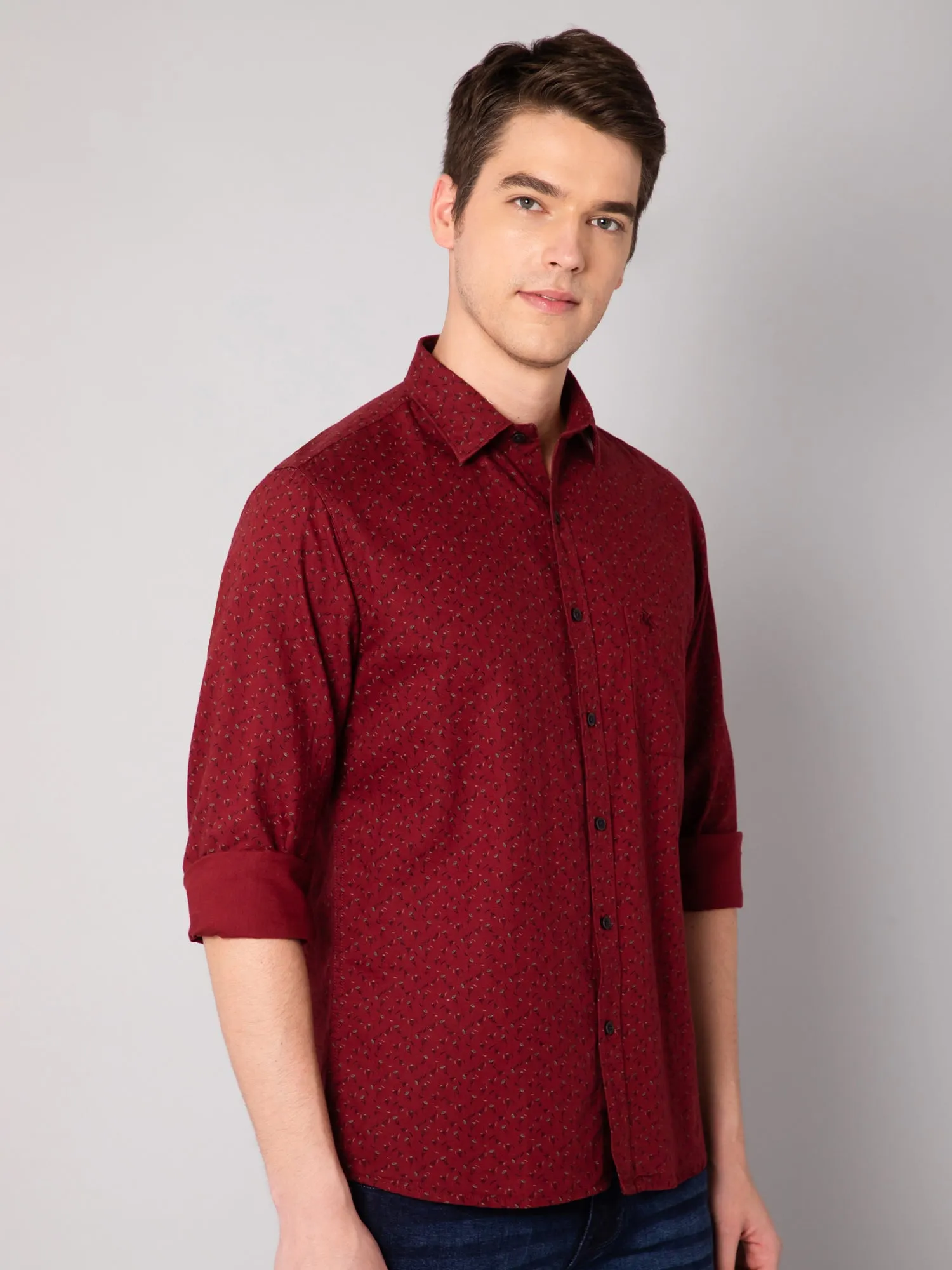 Men's Maroon Casual Floral Print Full Sleeve Shirt