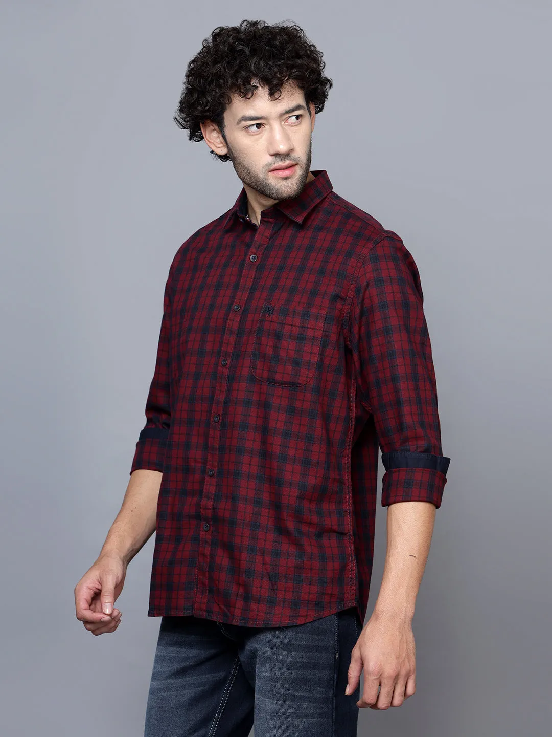 Men's Maroon Casual Medium Checks Full Sleeve Shirt