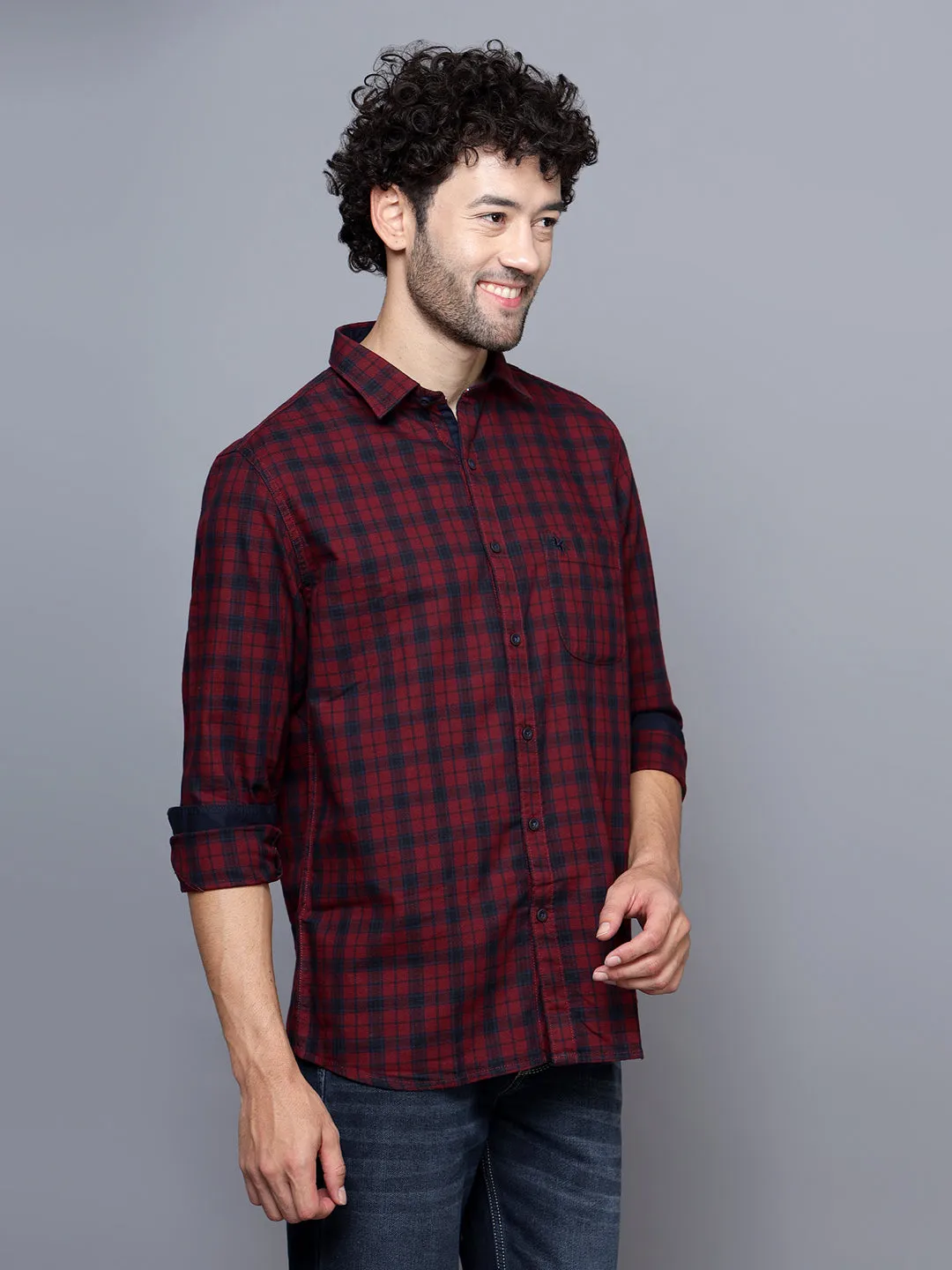 Men's Maroon Casual Medium Checks Full Sleeve Shirt