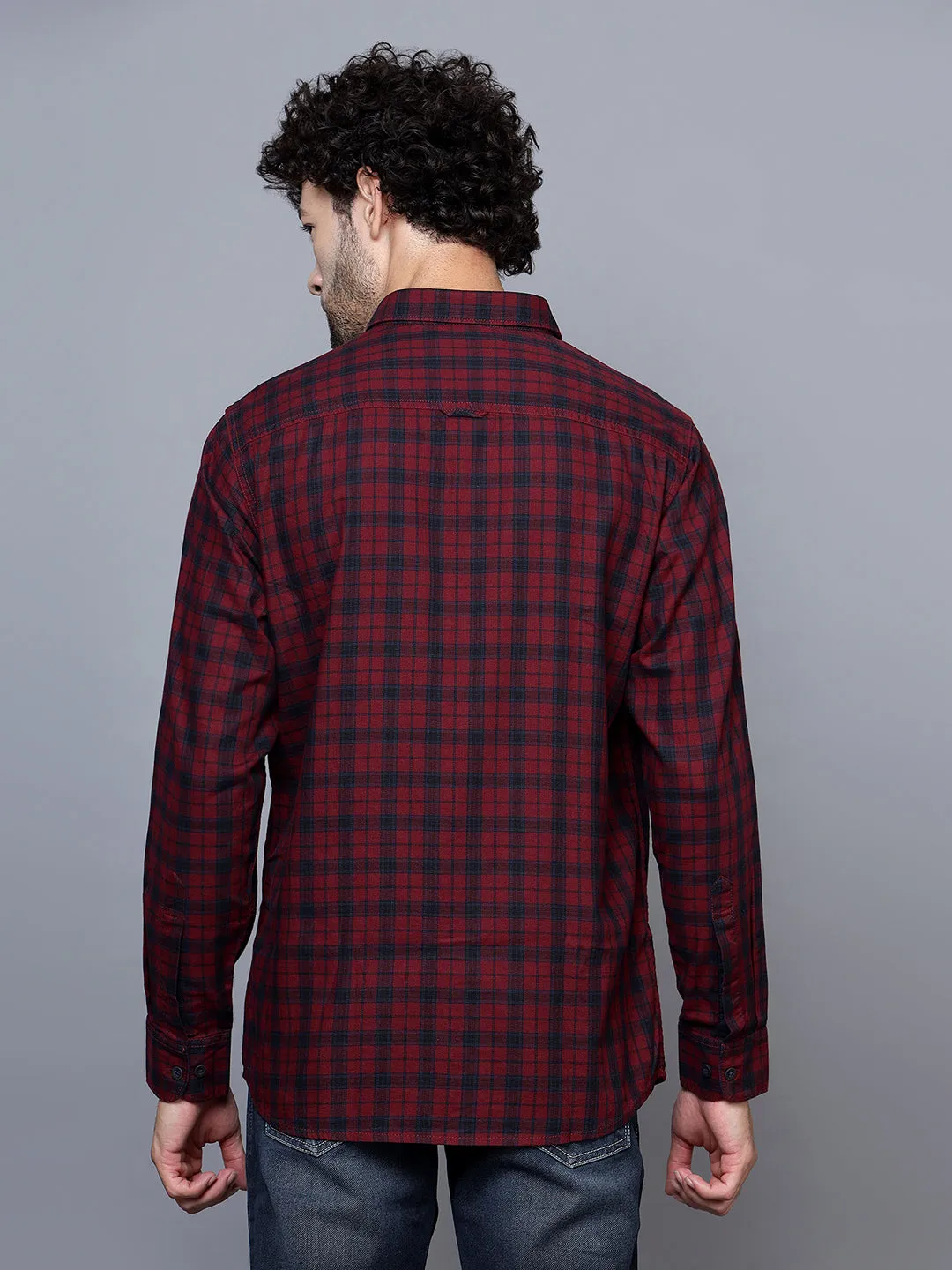 Men's Maroon Casual Medium Checks Full Sleeve Shirt