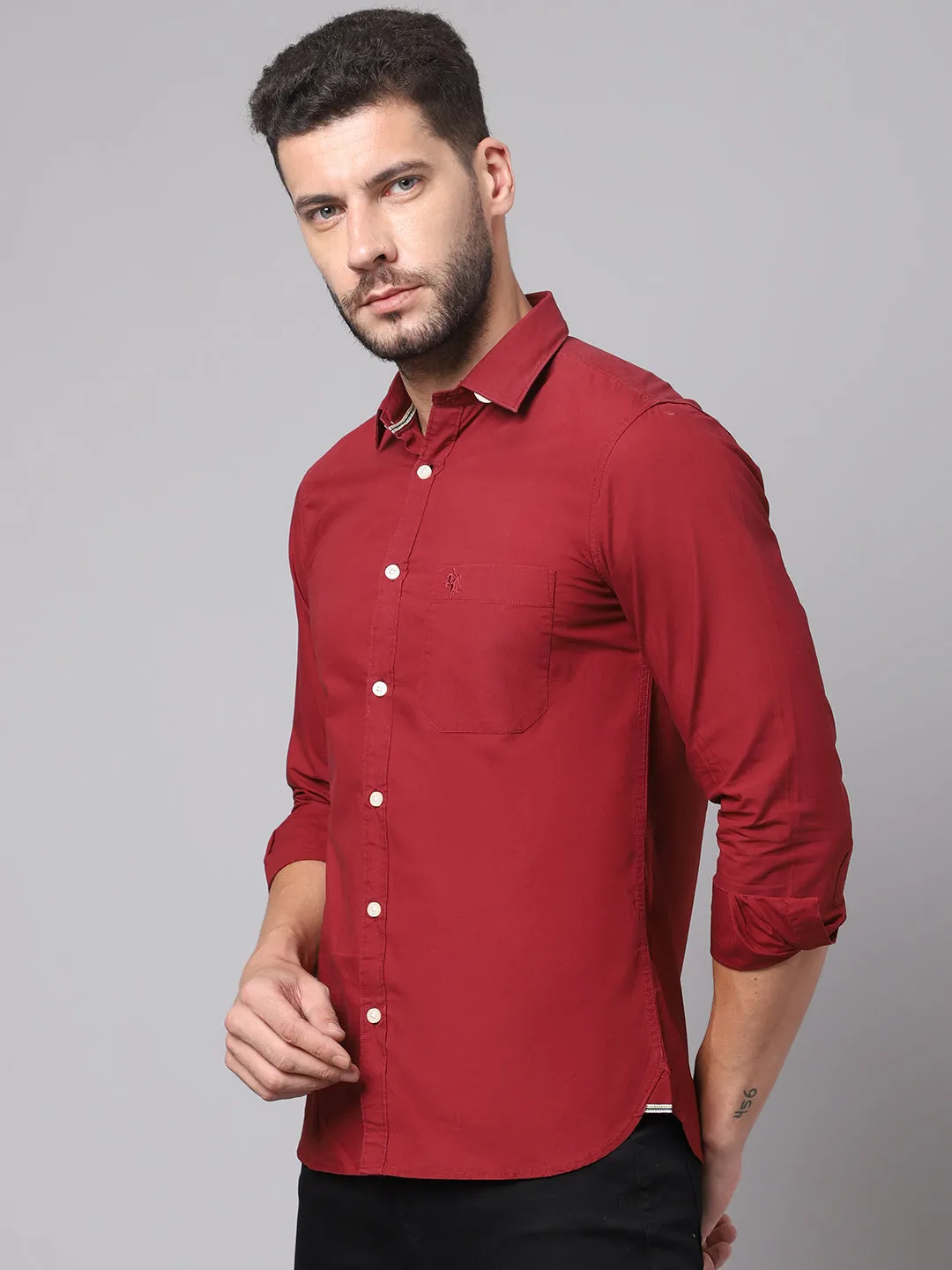 Men's Maroon Casual Plain Full Sleeve Shirt