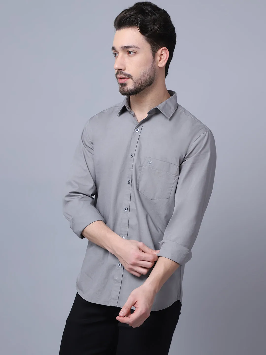 Men's Mid Grey Casual Plain Full Sleeve Shirt