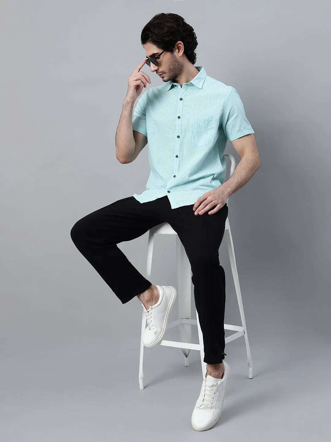 Men's Mint Green Casual Thin Stripe Half Sleeve Shirt