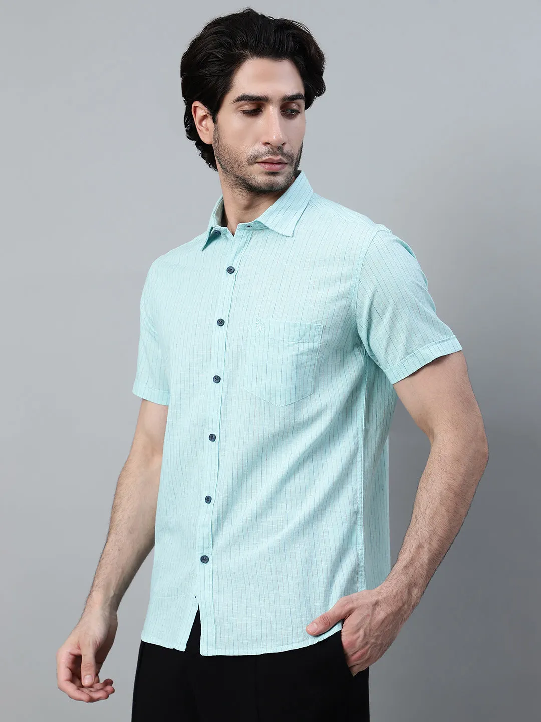 Men's Mint Green Casual Thin Stripe Half Sleeve Shirt