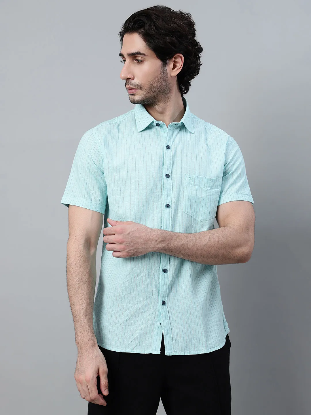 Men's Mint Green Casual Thin Stripe Half Sleeve Shirt