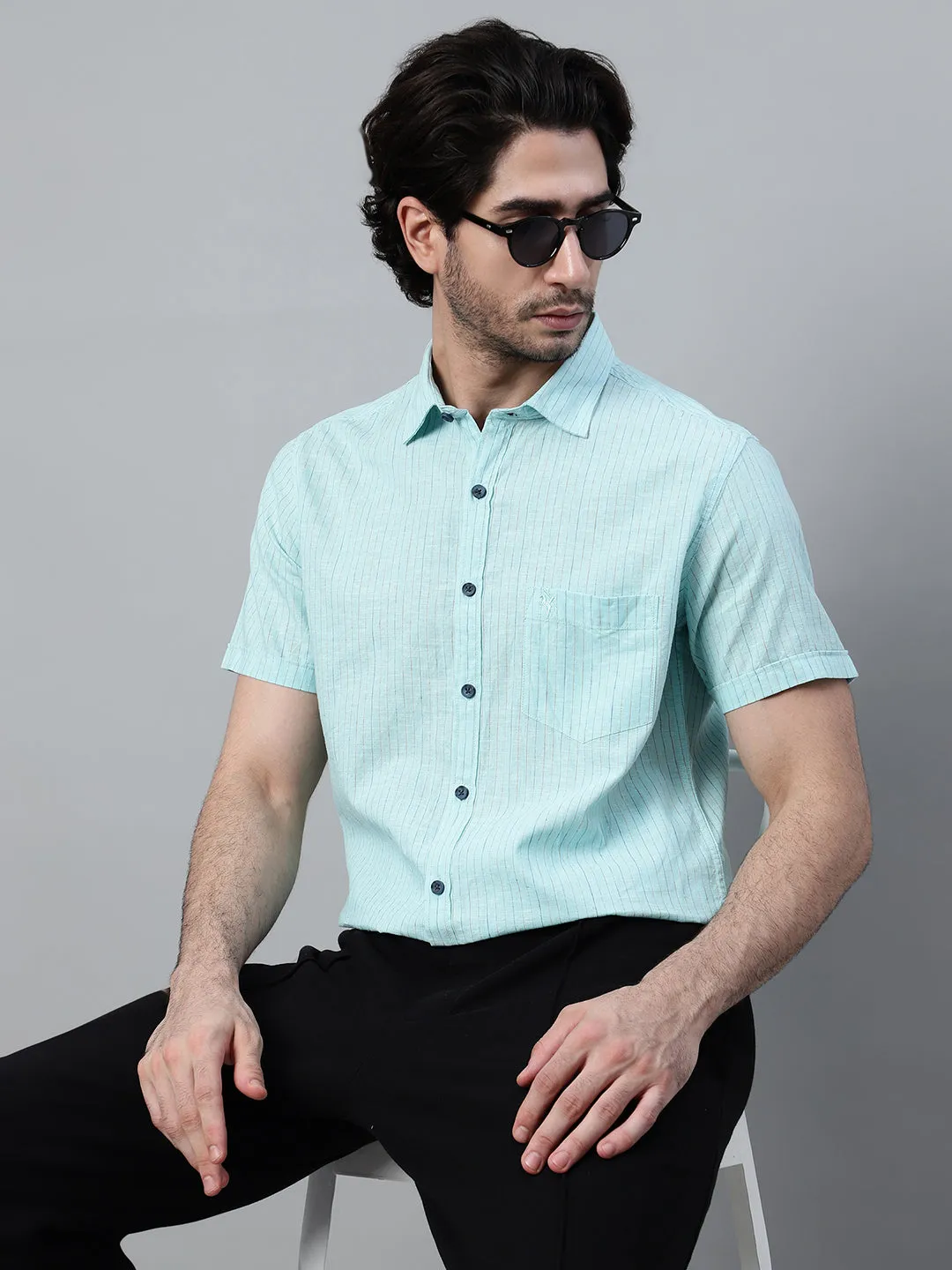 Men's Mint Green Casual Thin Stripe Half Sleeve Shirt