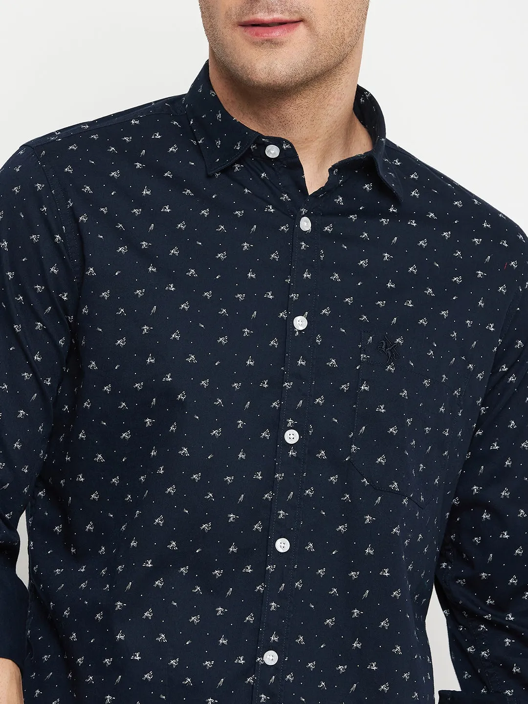 Men's Navy Blue Casual Abstract Ditsy Print Full Sleeve Shirt