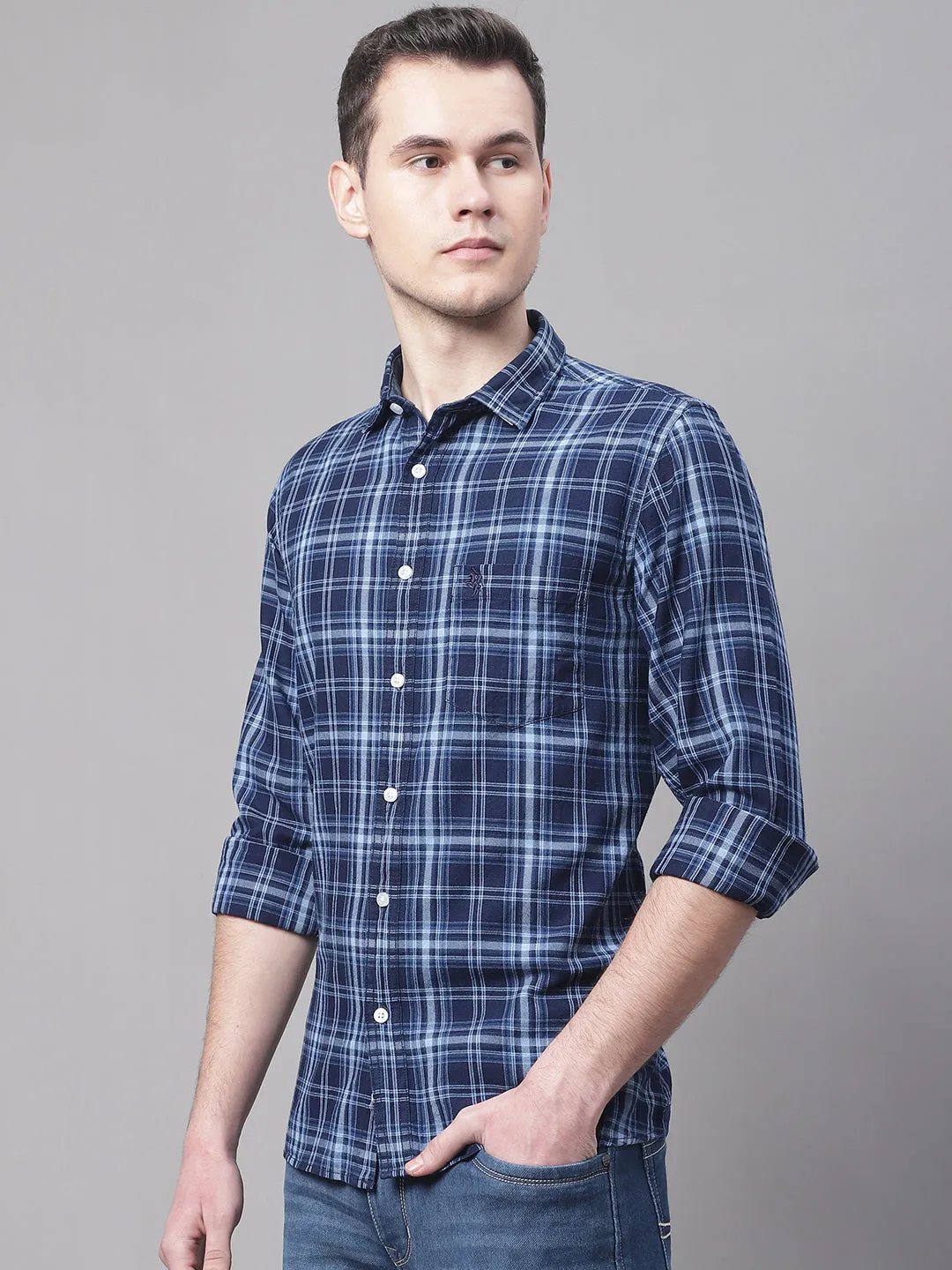 Men's Navy Blue Casual Big Checks Full Sleeve Shirt