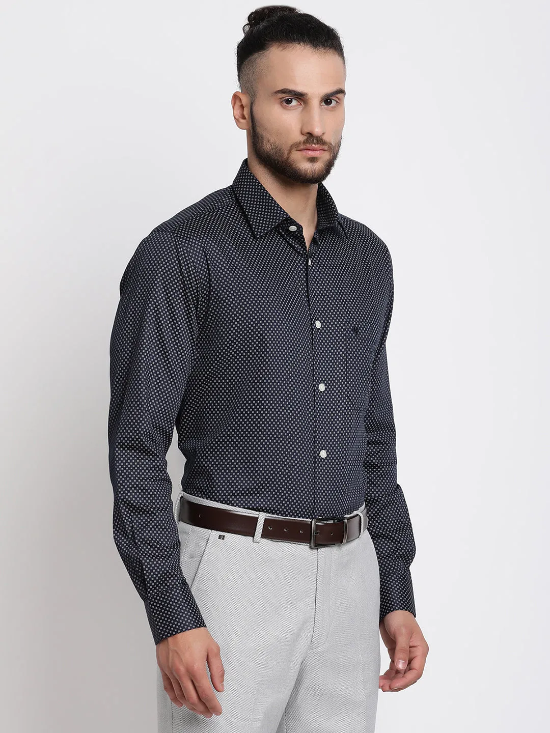 Men's Navy Blue Casual Dot Print Full Sleeve Shirt