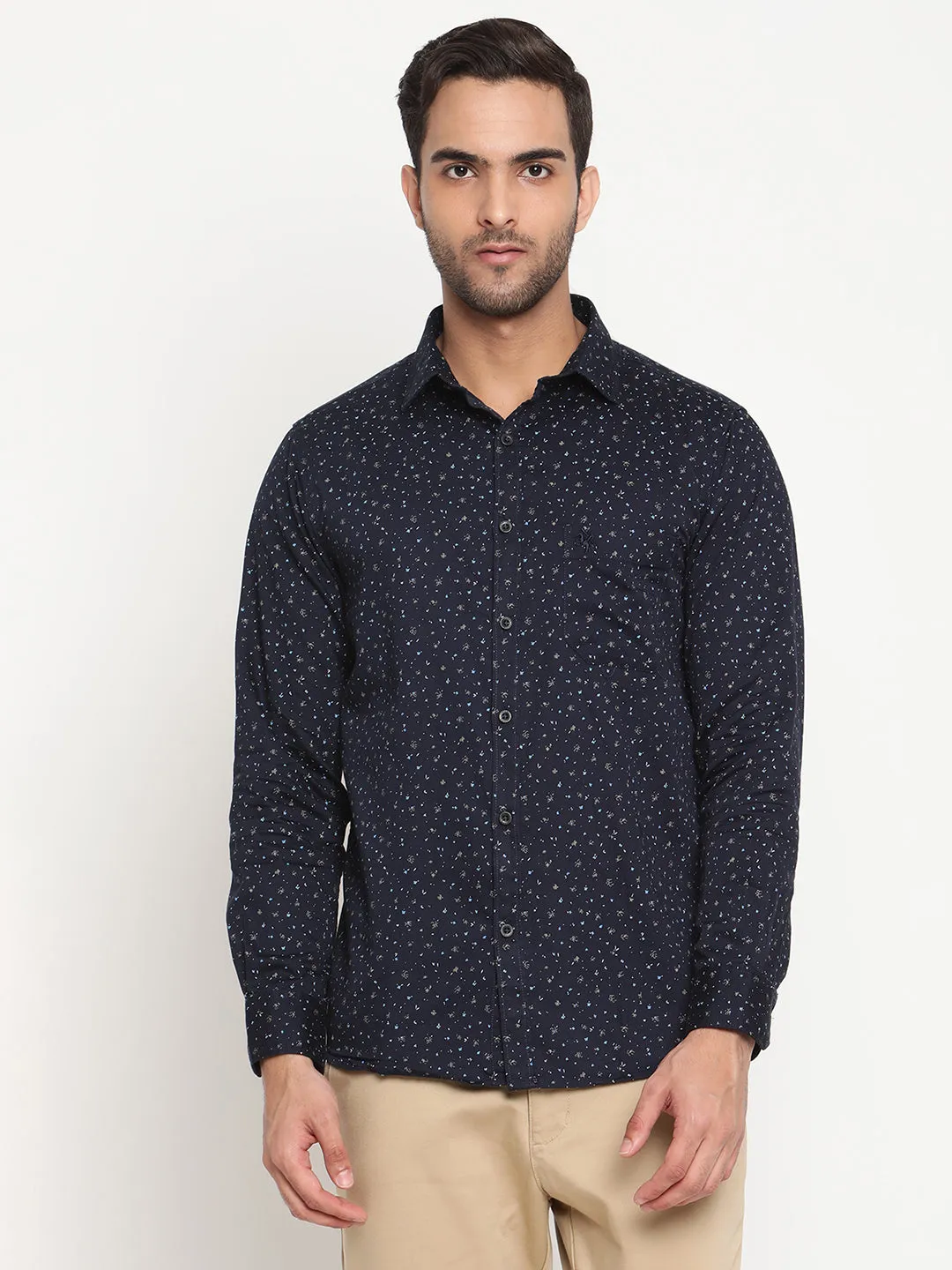 Men's Navy Blue Casual Floral Ditsy Print Full Sleeve Shirt