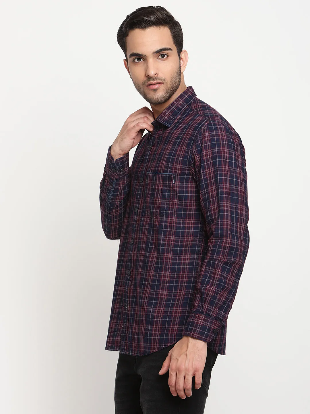 Men's Navy Blue Casual Medium Checks Full Sleeve Shirt