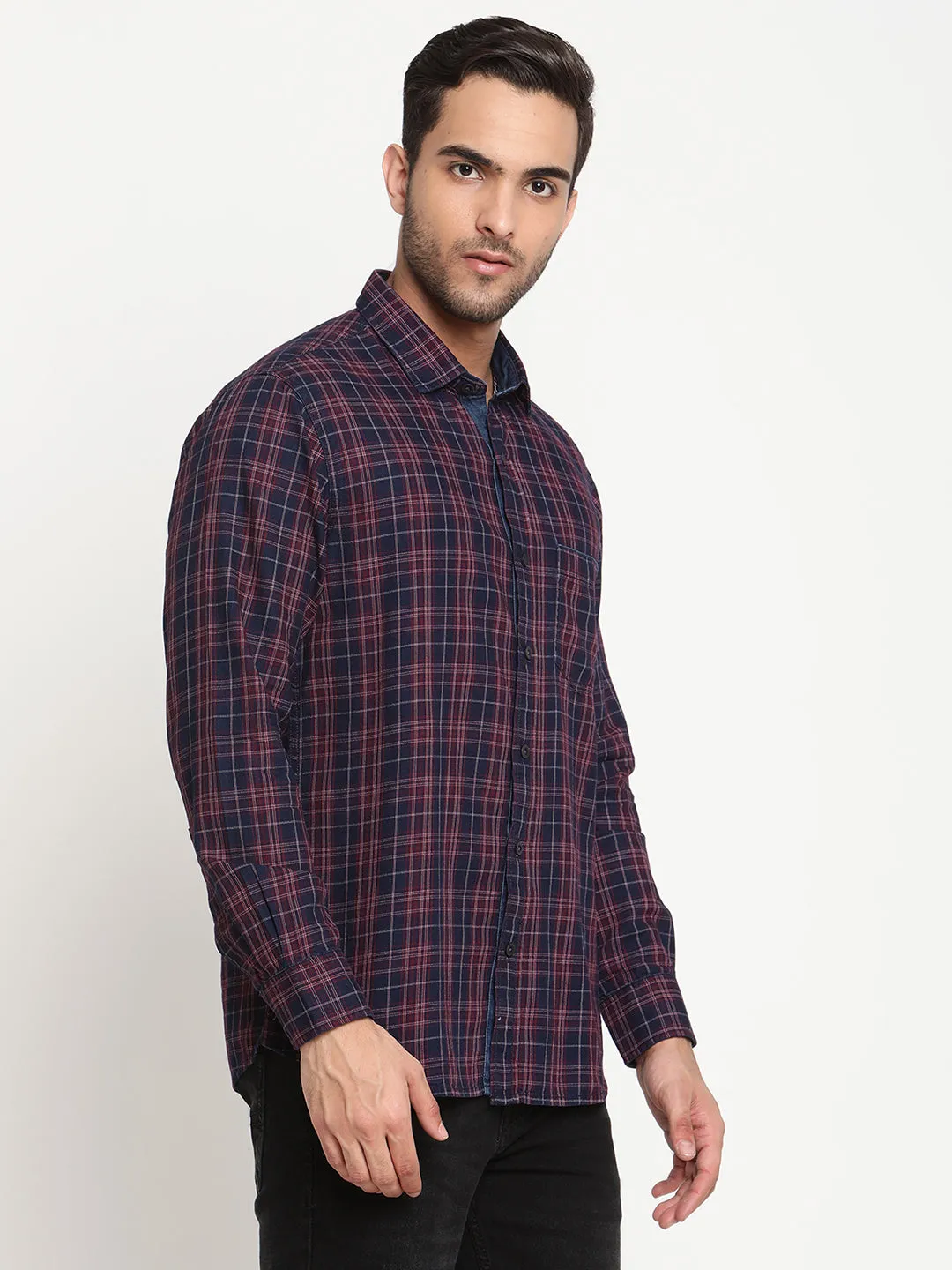 Men's Navy Blue Casual Medium Checks Full Sleeve Shirt