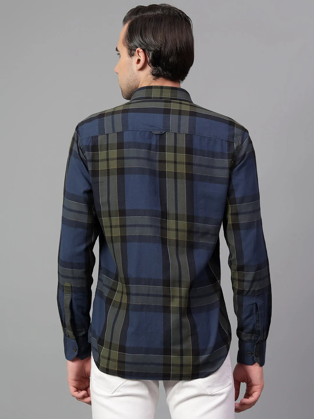 Men's Navy Blue Checked Full Sleeve Casual Shirt