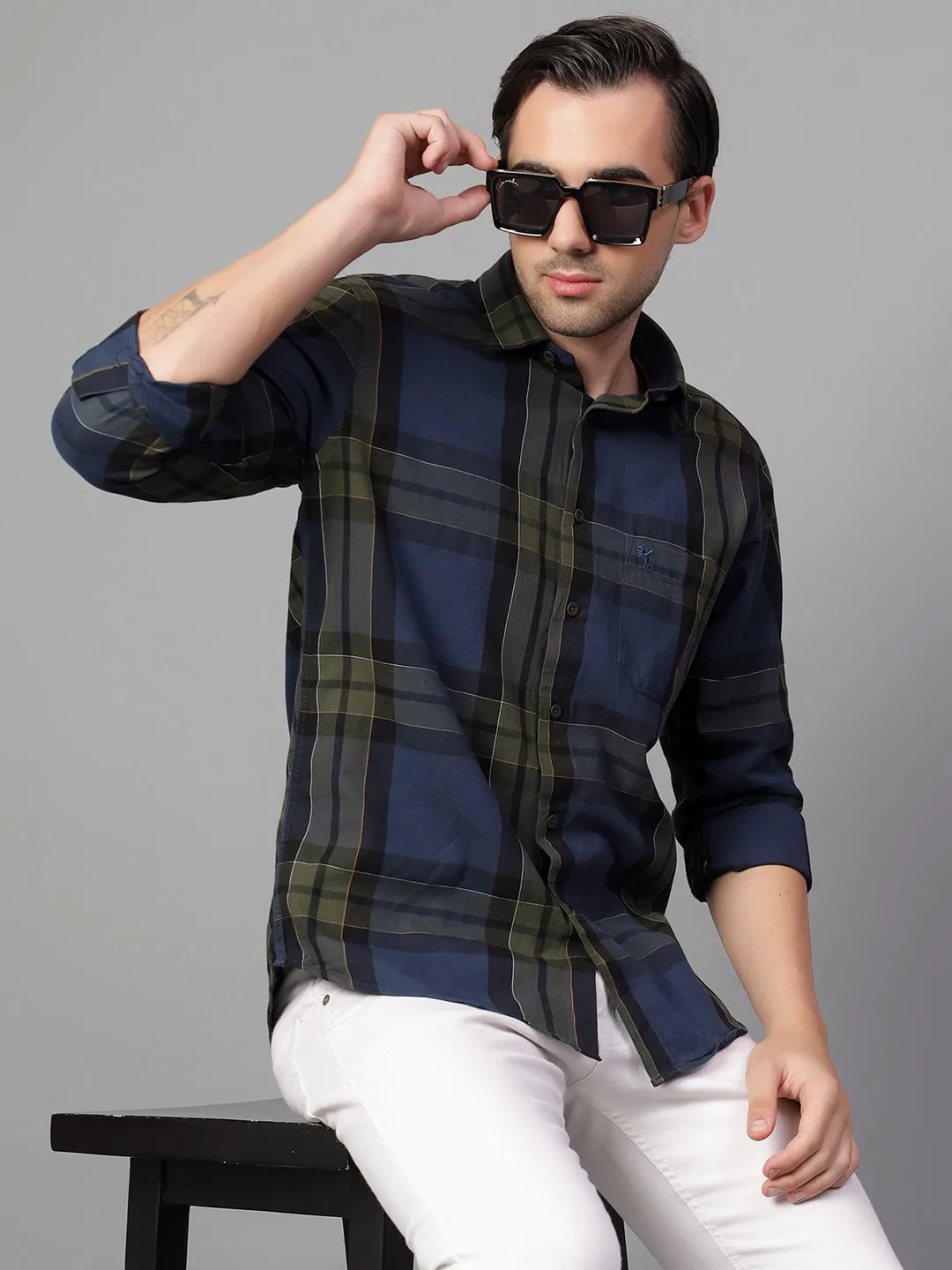 Men's Navy Blue Checked Full Sleeve Casual Shirt