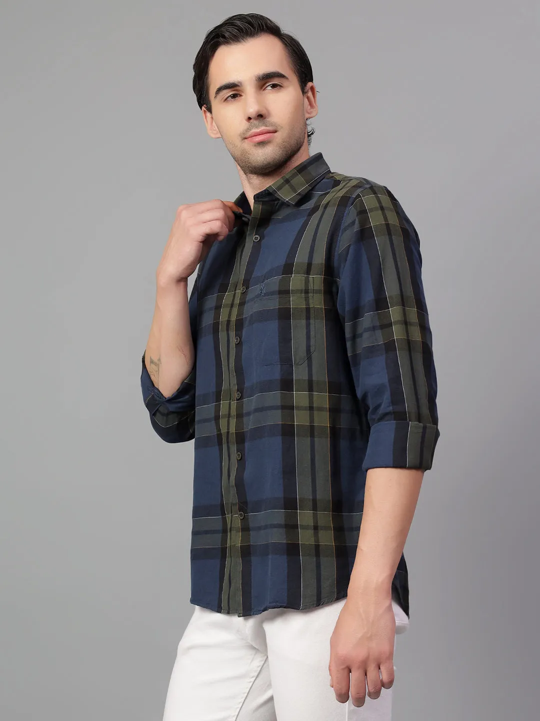 Men's Navy Blue Checked Full Sleeve Casual Shirt