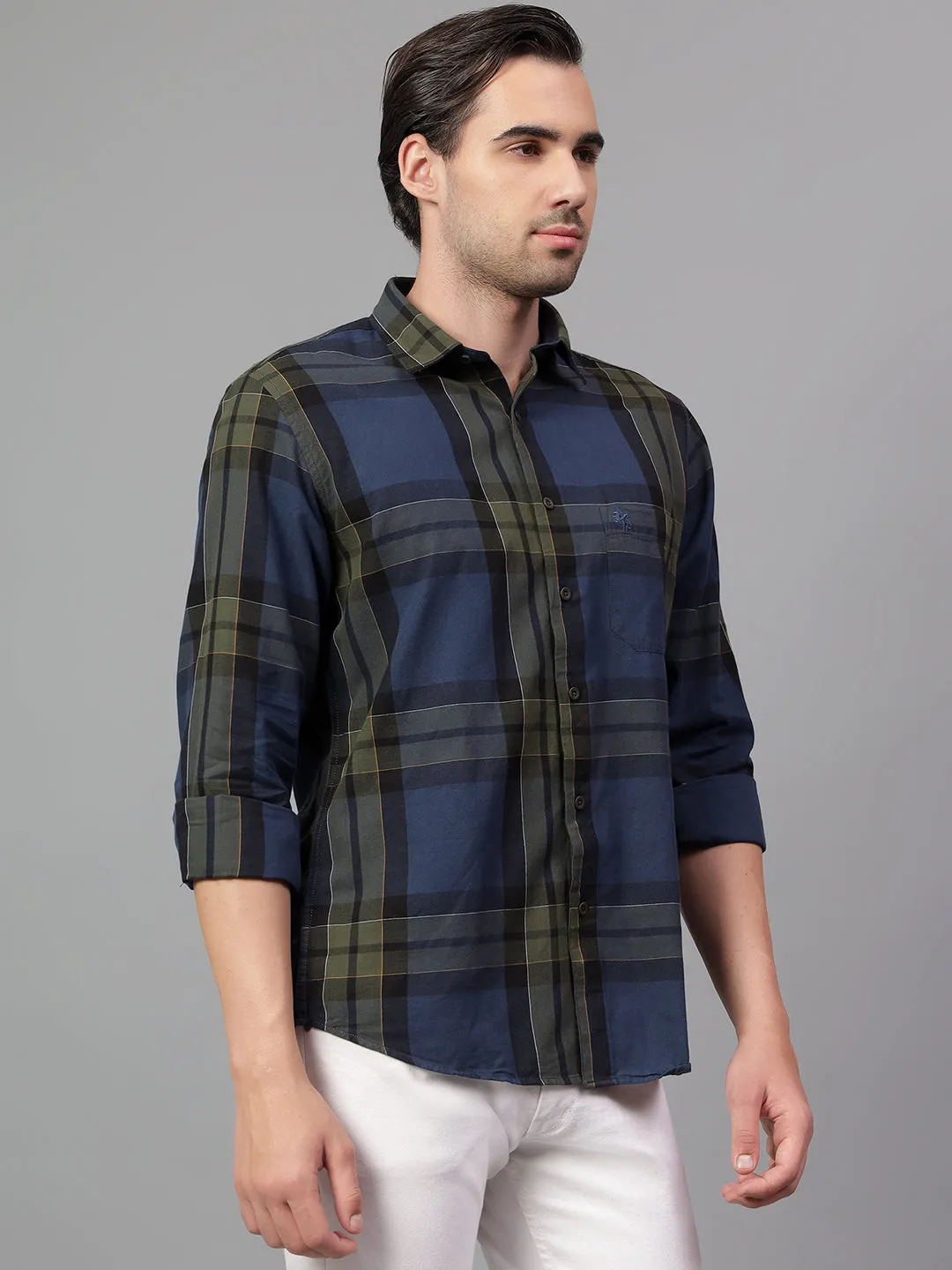 Men's Navy Blue Checked Full Sleeve Casual Shirt