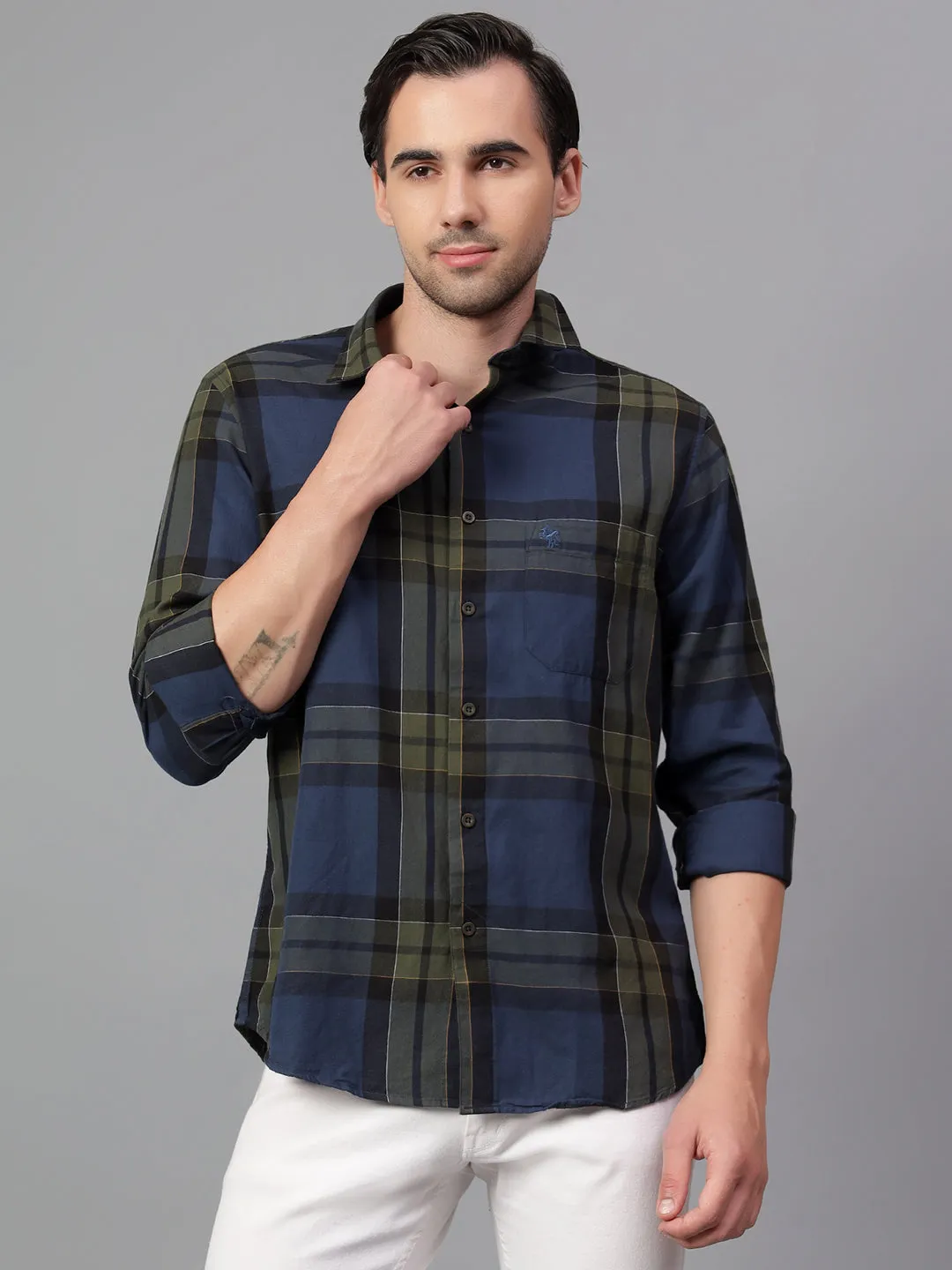 Men's Navy Blue Checked Full Sleeve Casual Shirt