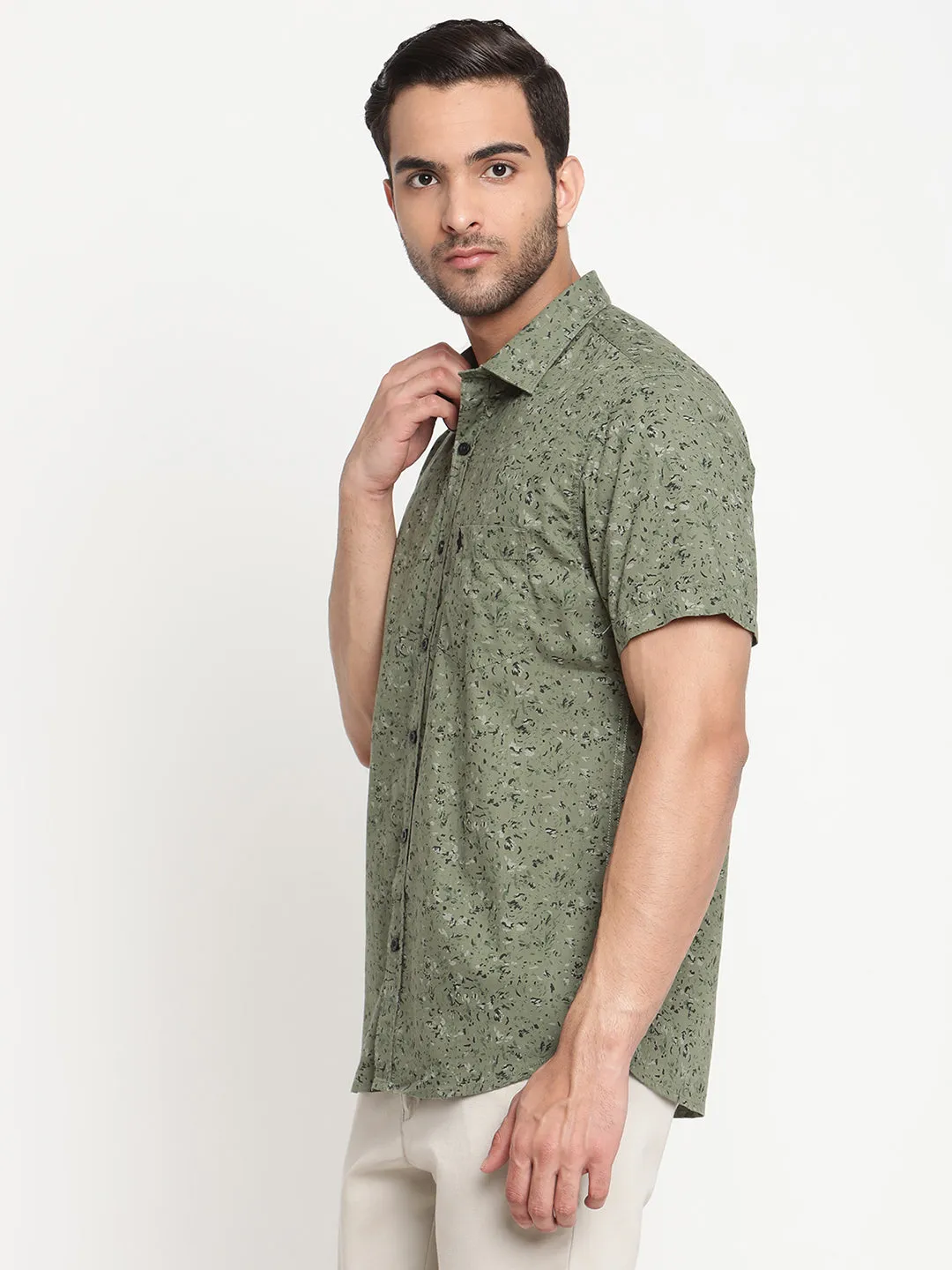 Men's Olive Green Casual Abstract Print Half Sleeve Shirt