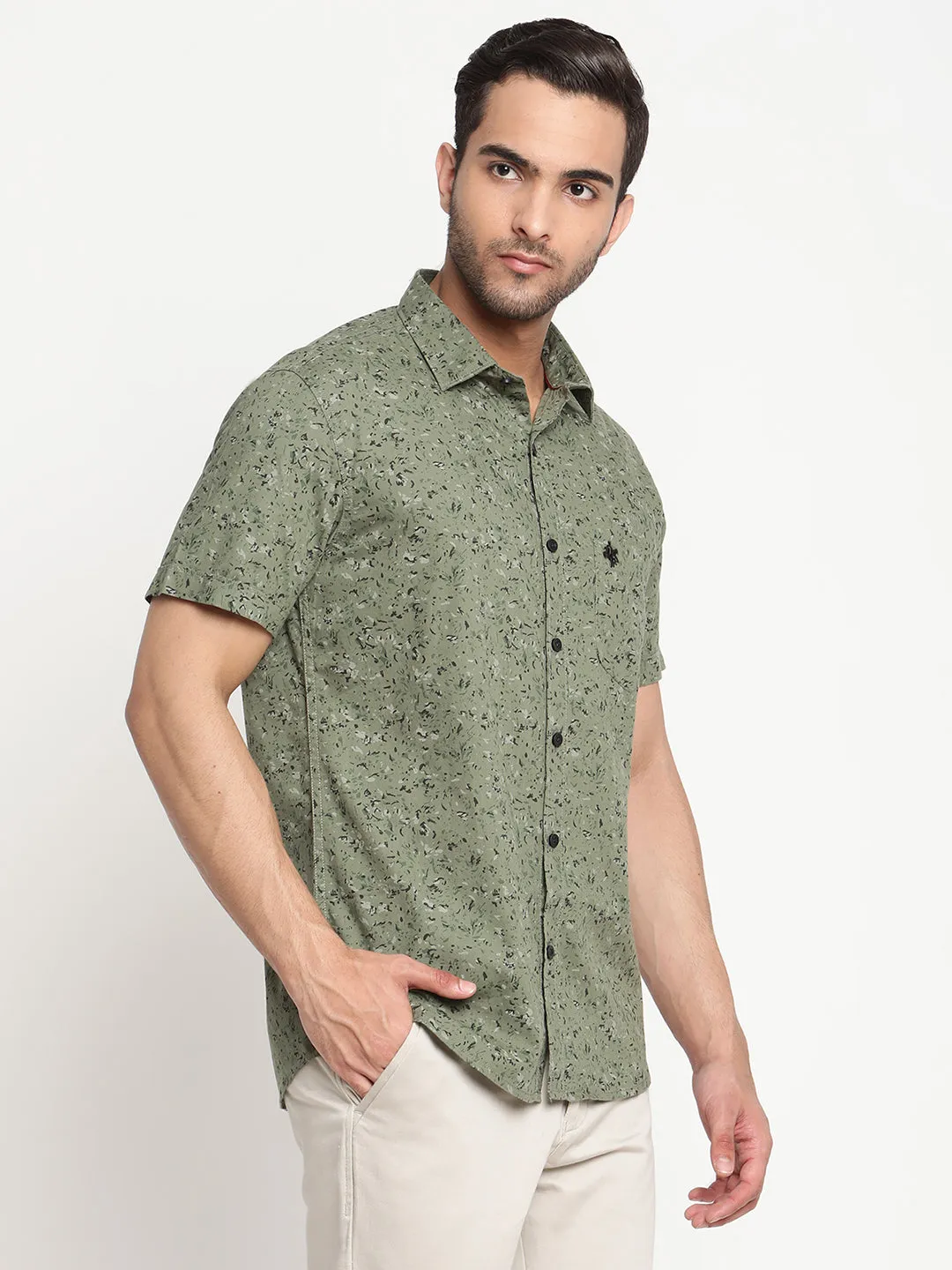 Men's Olive Green Casual Abstract Print Half Sleeve Shirt