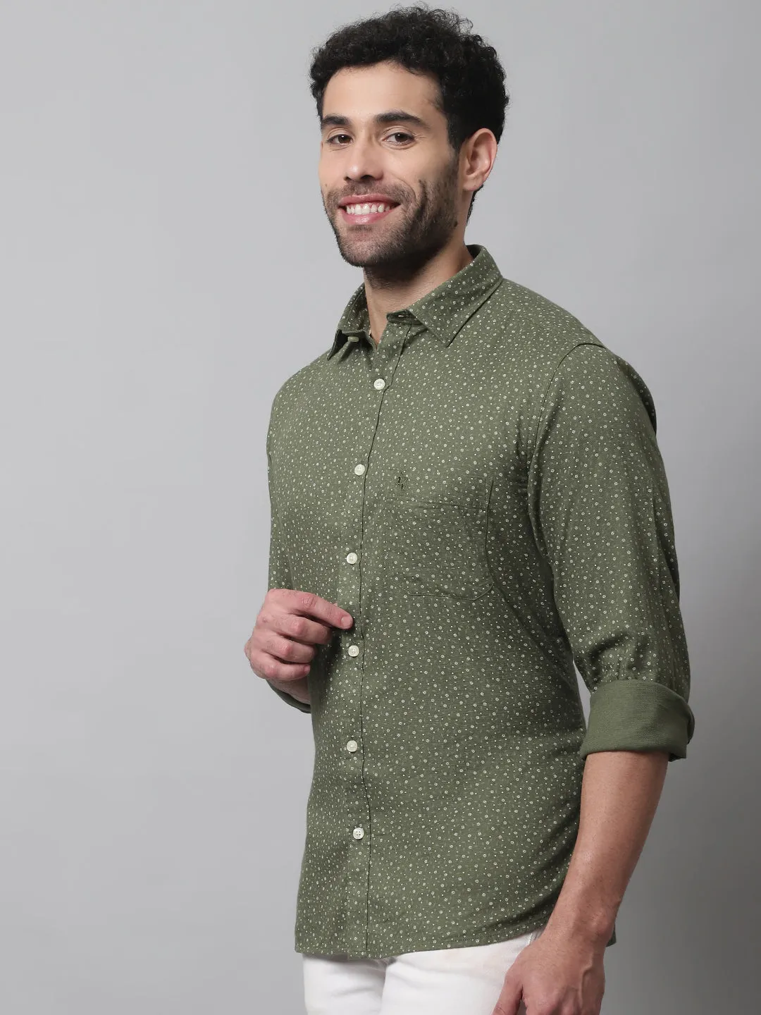 Men's Olive Green Casual Floral Print Full Sleeve Shirt