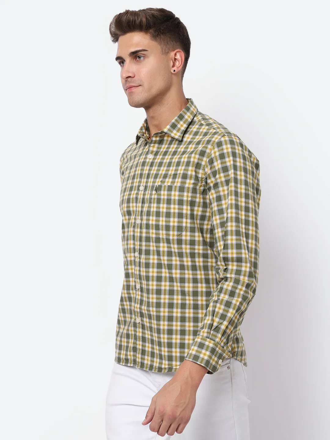 Men's Olive Green Casual Medium Checks Full Sleeve Shirt