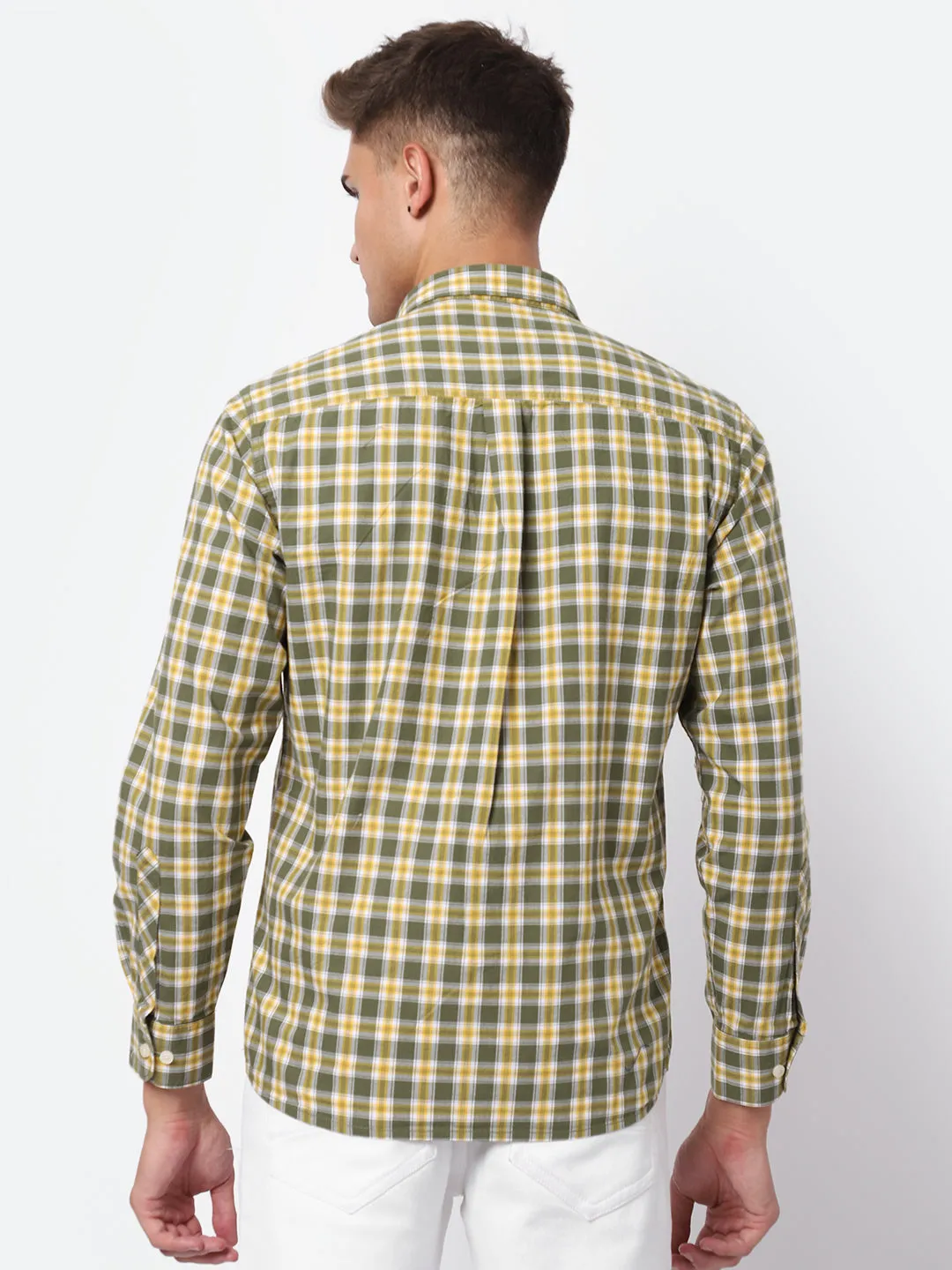 Men's Olive Green Casual Medium Checks Full Sleeve Shirt