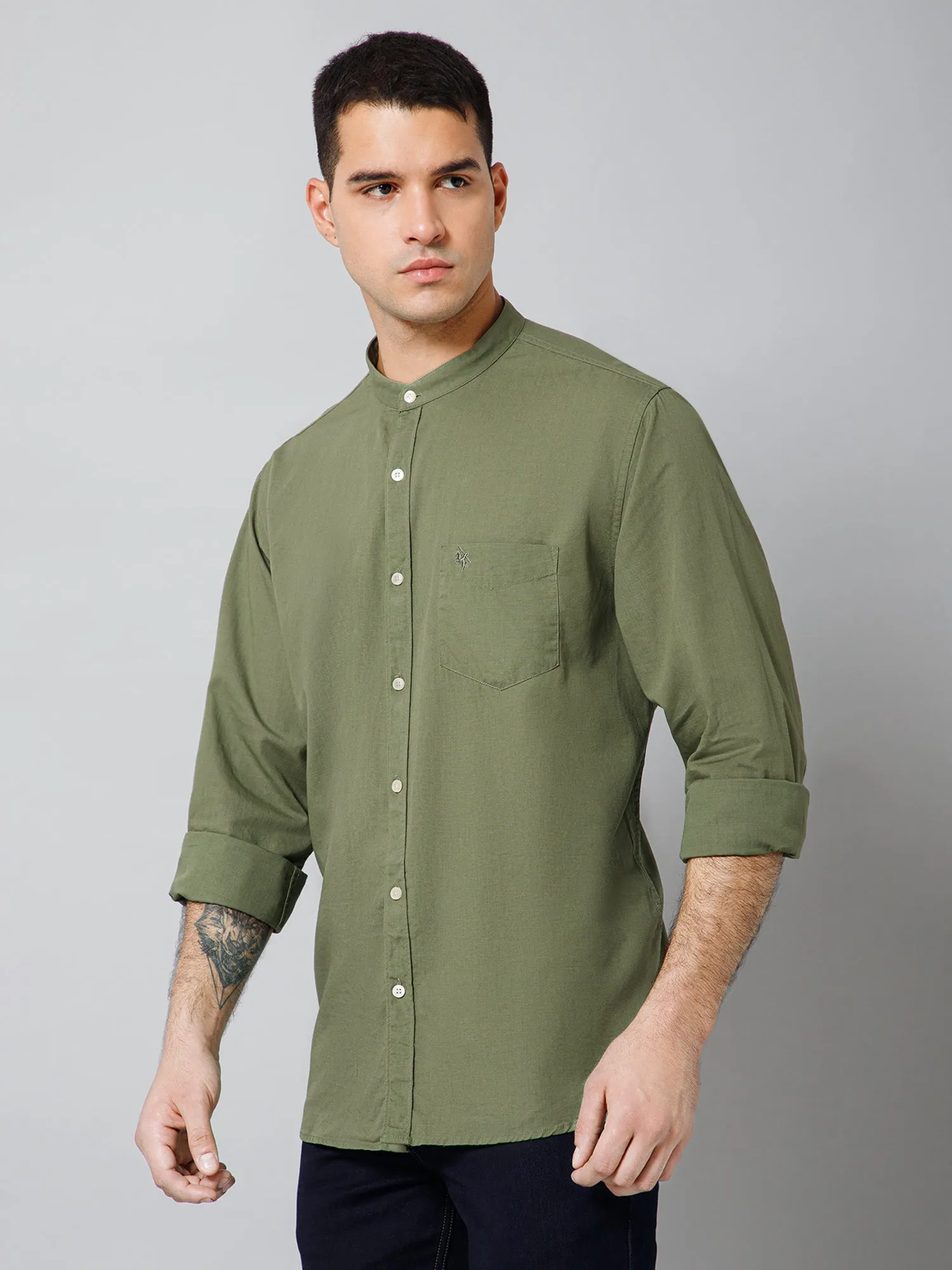 Men's Olive Green Casual Plain Full Sleeve Shirt