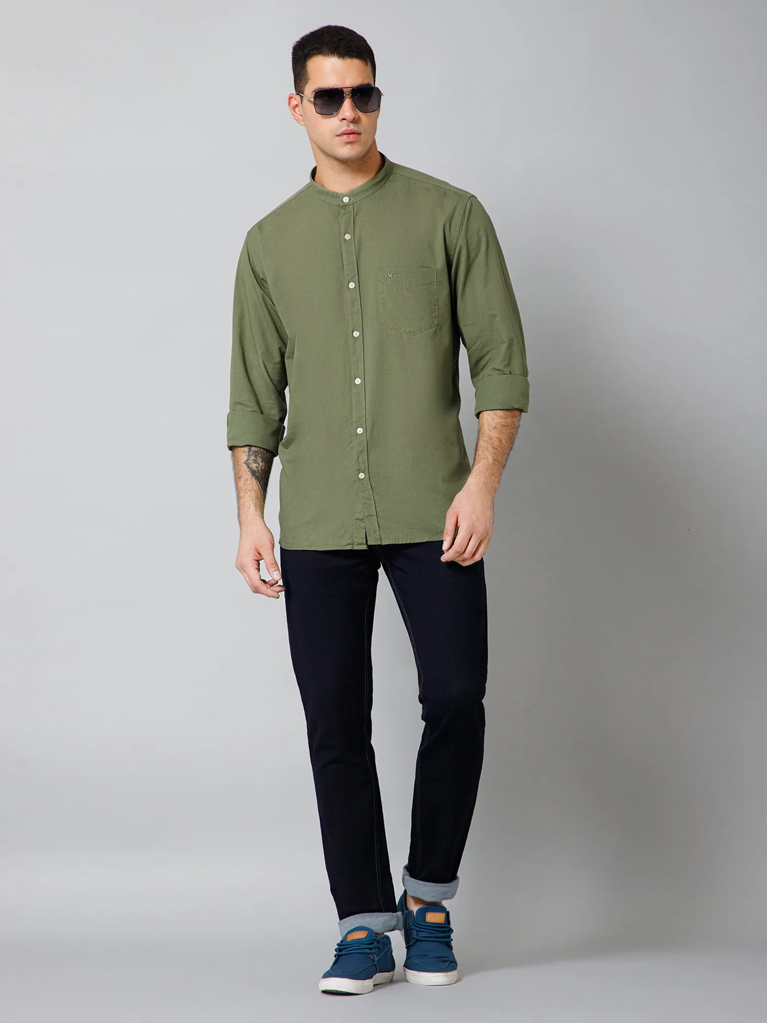 Men's Olive Green Casual Plain Full Sleeve Shirt