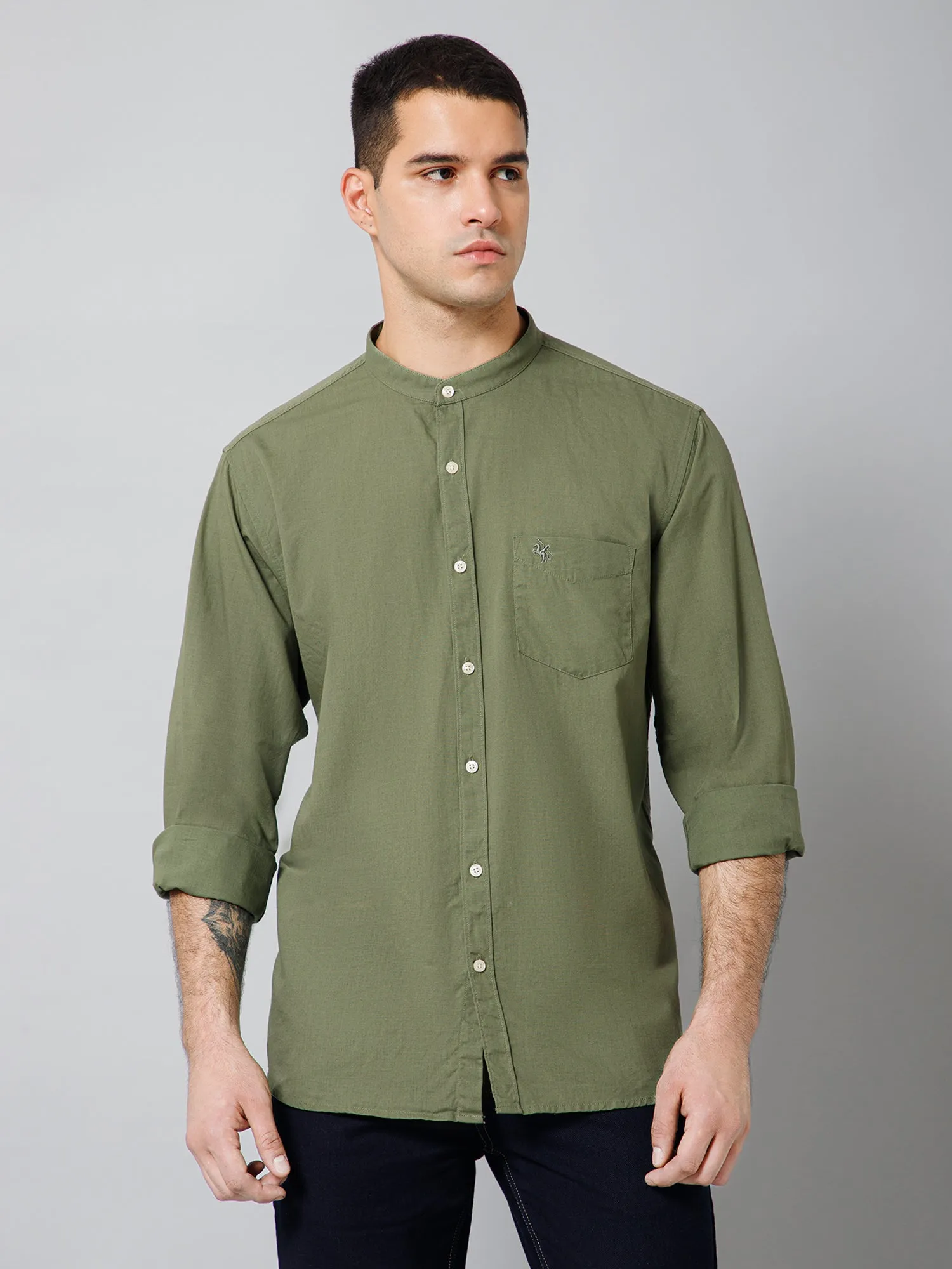 Men's Olive Green Casual Plain Full Sleeve Shirt