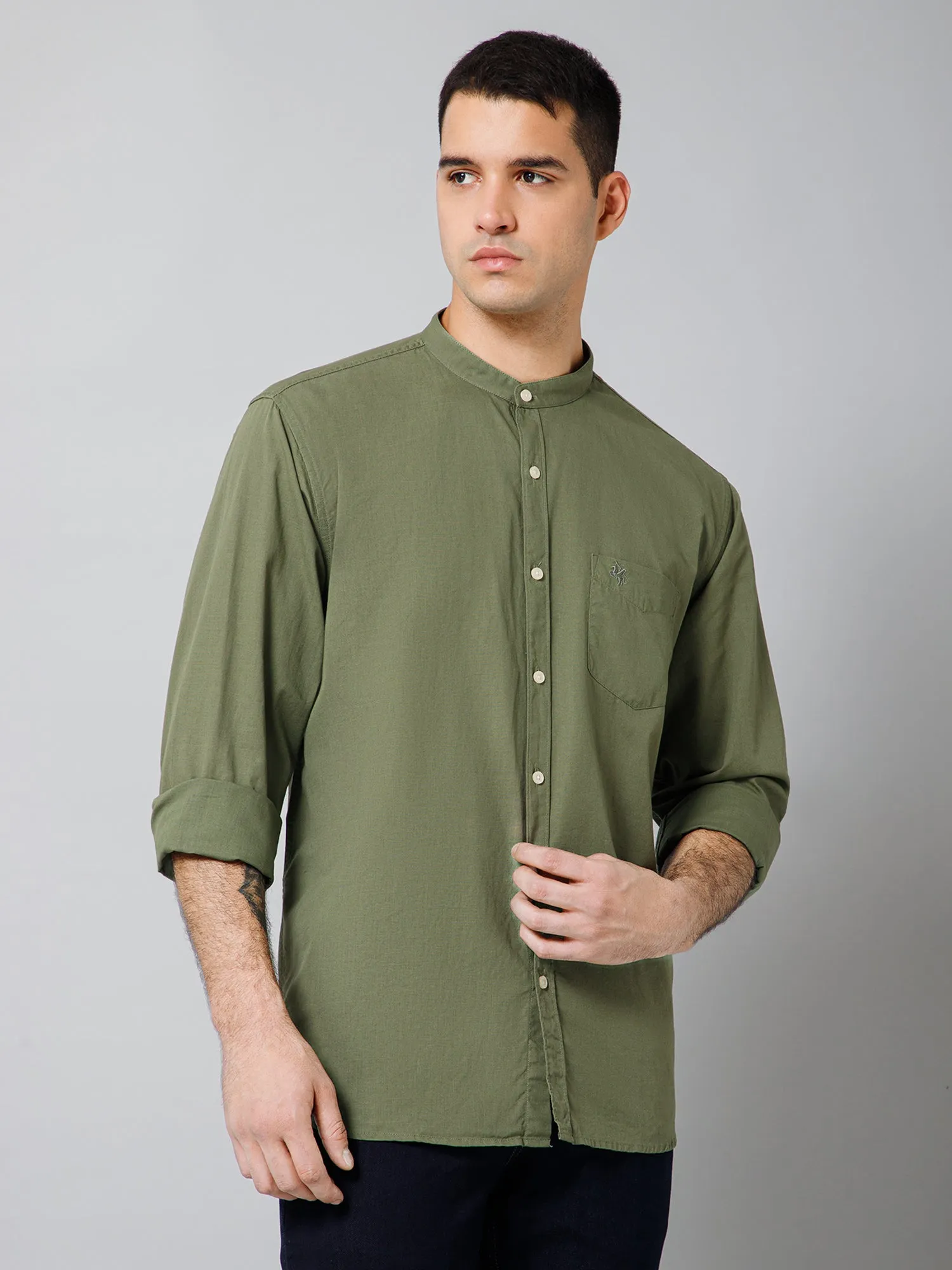 Men's Olive Green Casual Plain Full Sleeve Shirt