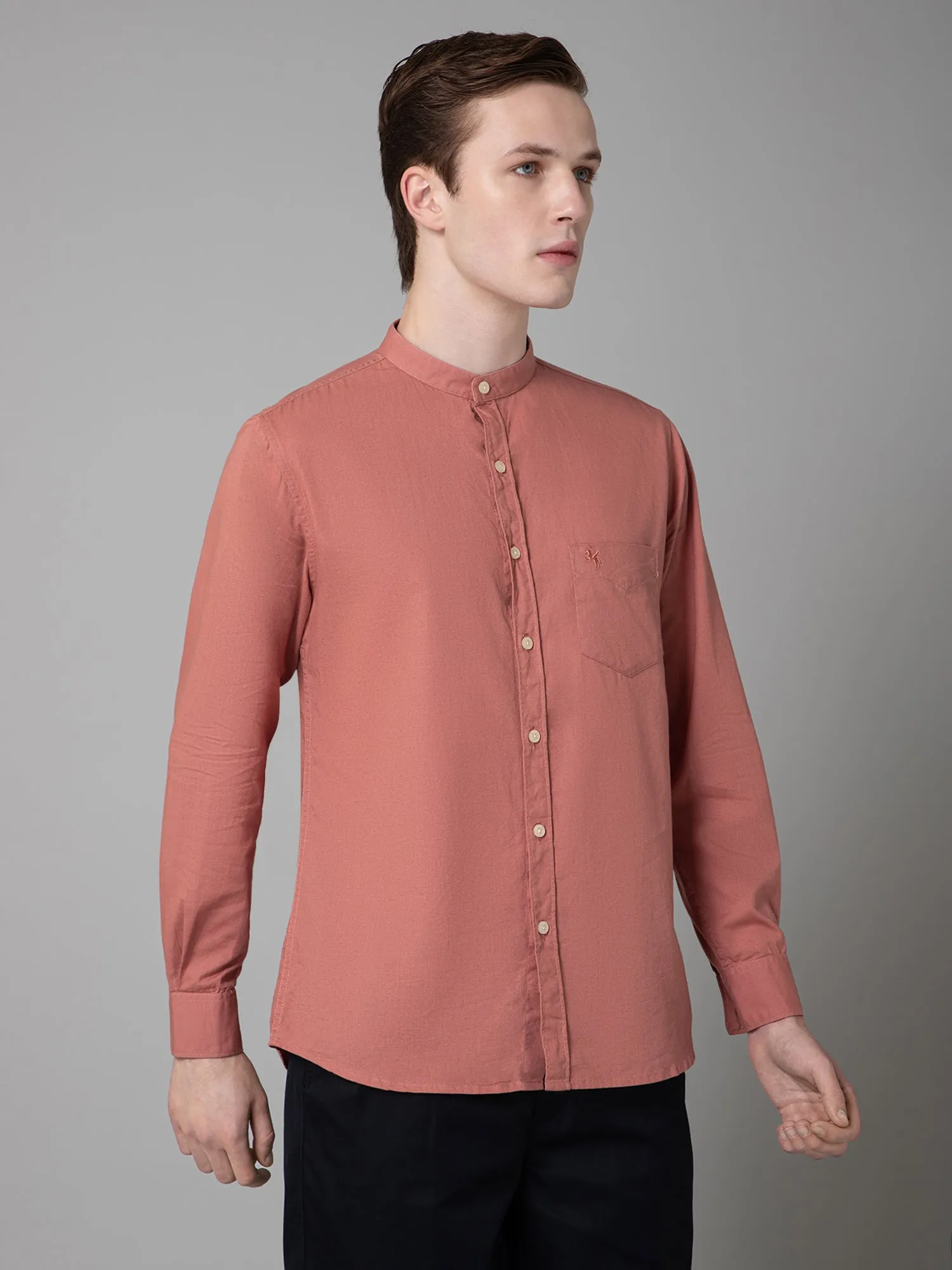 Men's Peach Casual Plain Full Sleeve Shirt