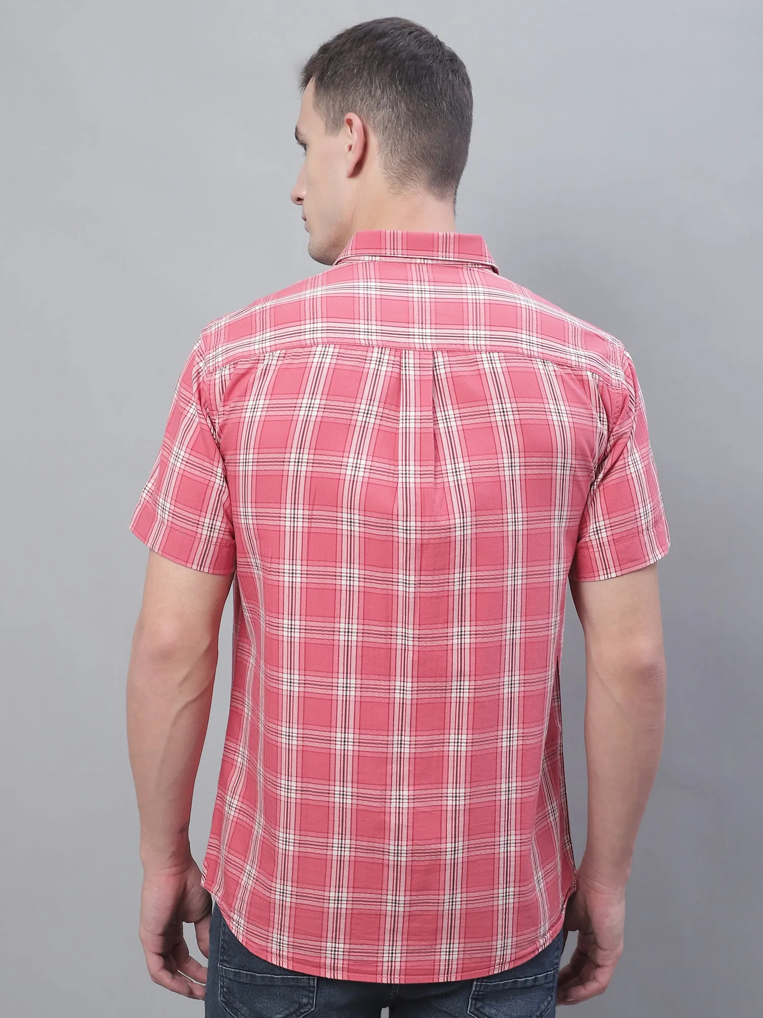 Men's Pink Casual Big Checks Half Sleeve Shirt