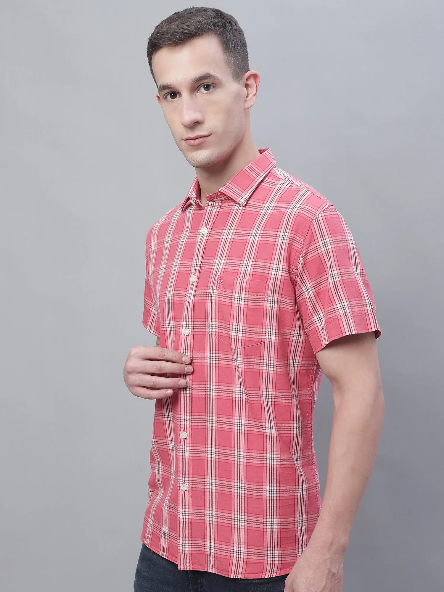 Men's Pink Casual Big Checks Half Sleeve Shirt