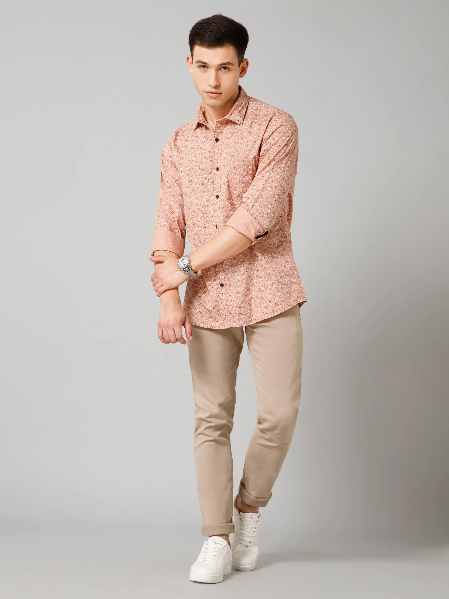 Men's Pink Casual Floral Print Full Sleeve Shirt