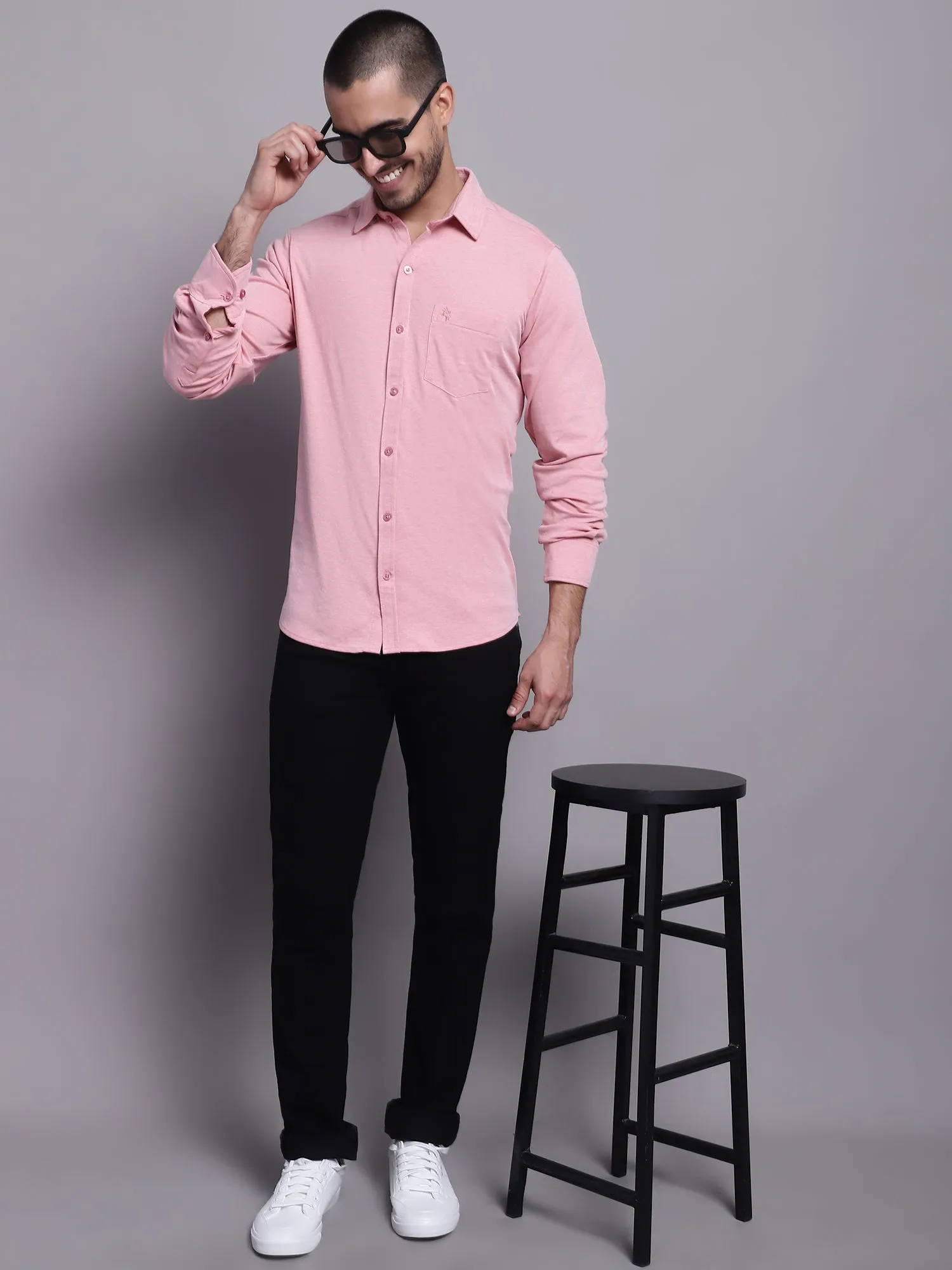 Men's Pink Casual Knit Self Textured Full Sleeve Shirt